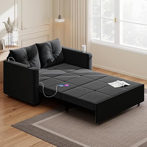 3 in 1 Pull Out Couch, 56 Inch Velvet Sofa Bed, Convertible Loveseat Sleeper Sofa for Living Room, Small Space, Upholstered Couch Bed with USB, Cup Holder(Black)