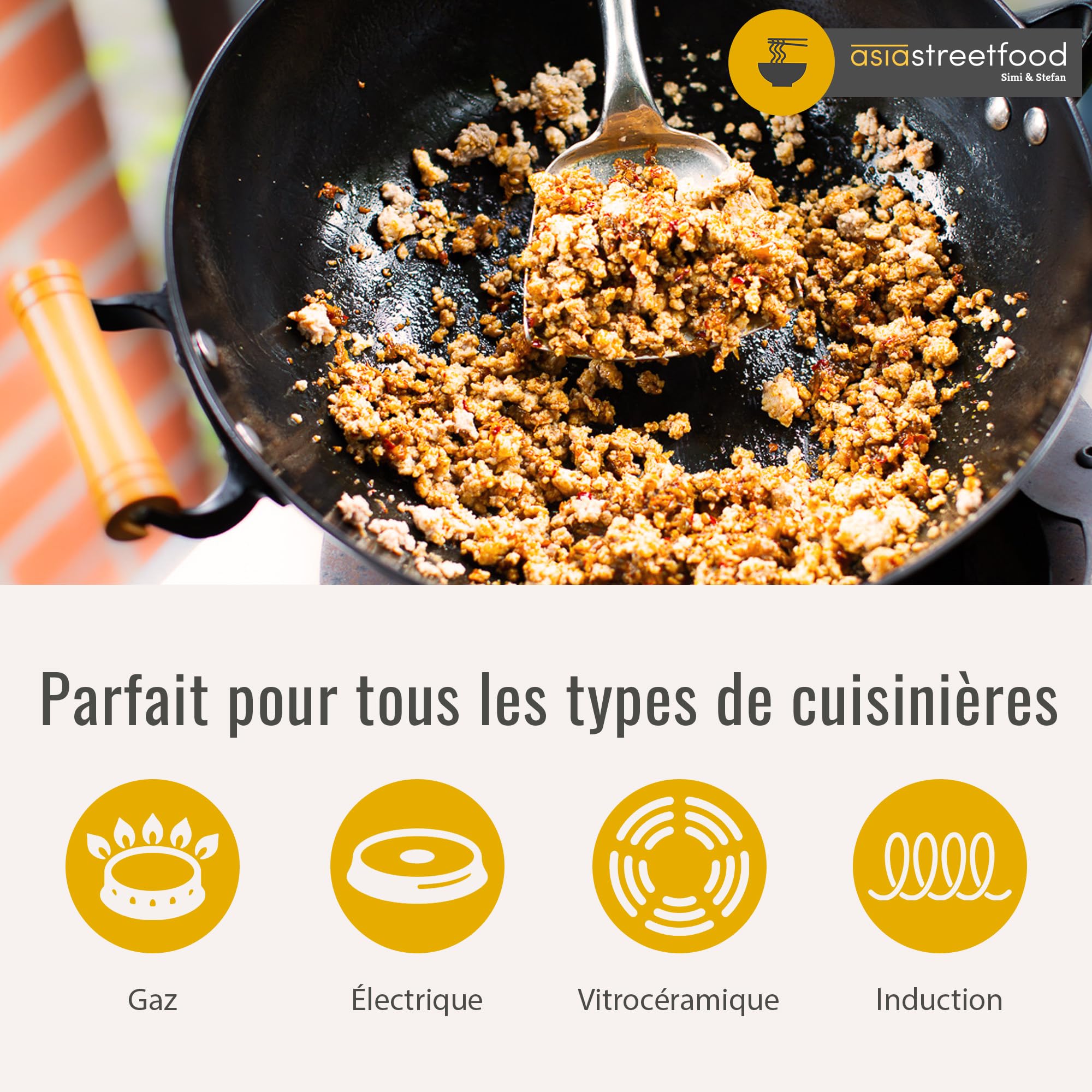 Wok en acier au carbone Ø 26 cm – Fond plat et poignée en bois – Utilisable sur gaz, induction et vitrocéramique – Prêt à l’emploi, sans culottage