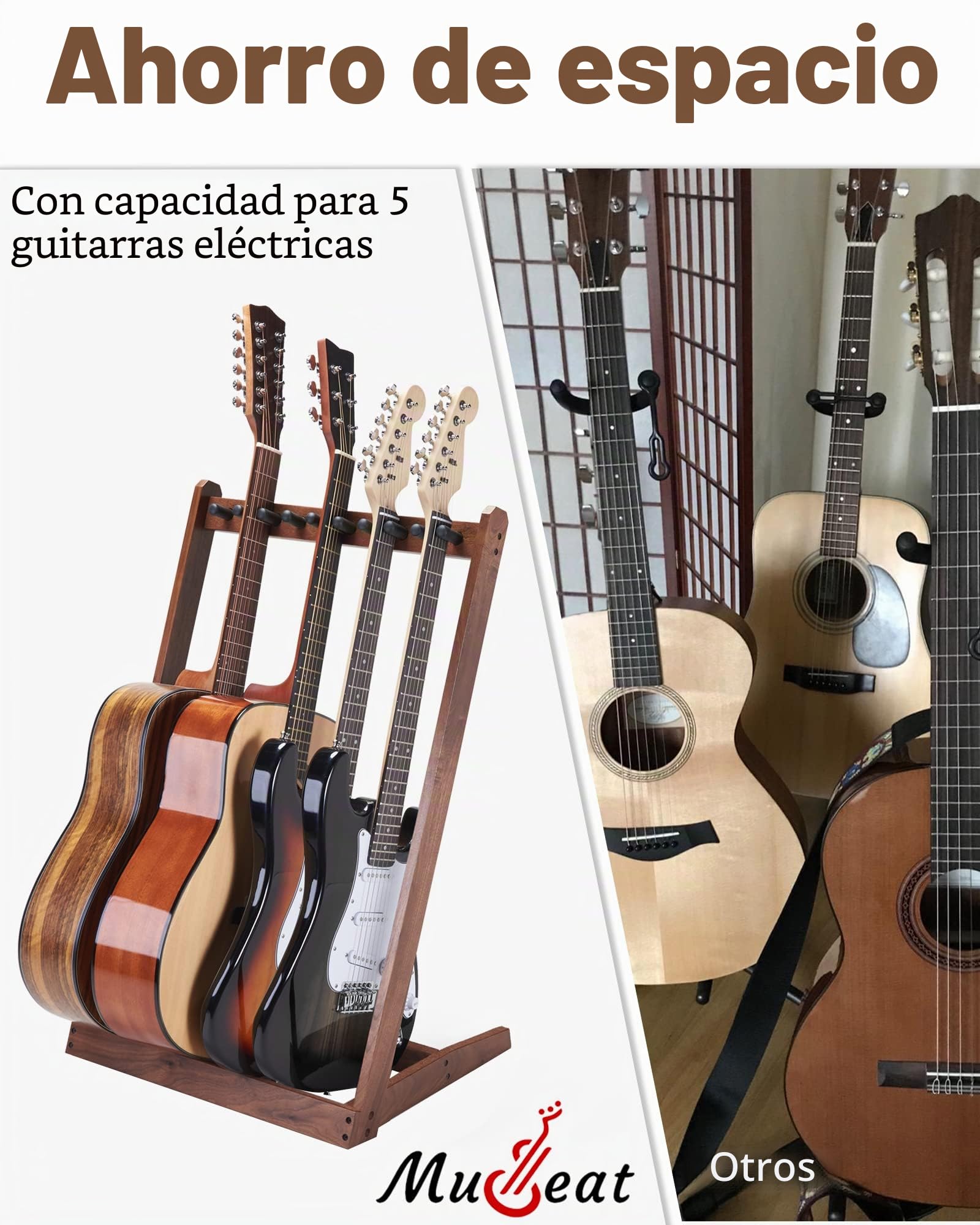 Soporte para múltiples guitarras, soporte para guitarras de madera dura para 3 guitarras acústicas, 5 eléctricas o bajos, Soporte acústico de suelo de madera para el hogar y el estudio