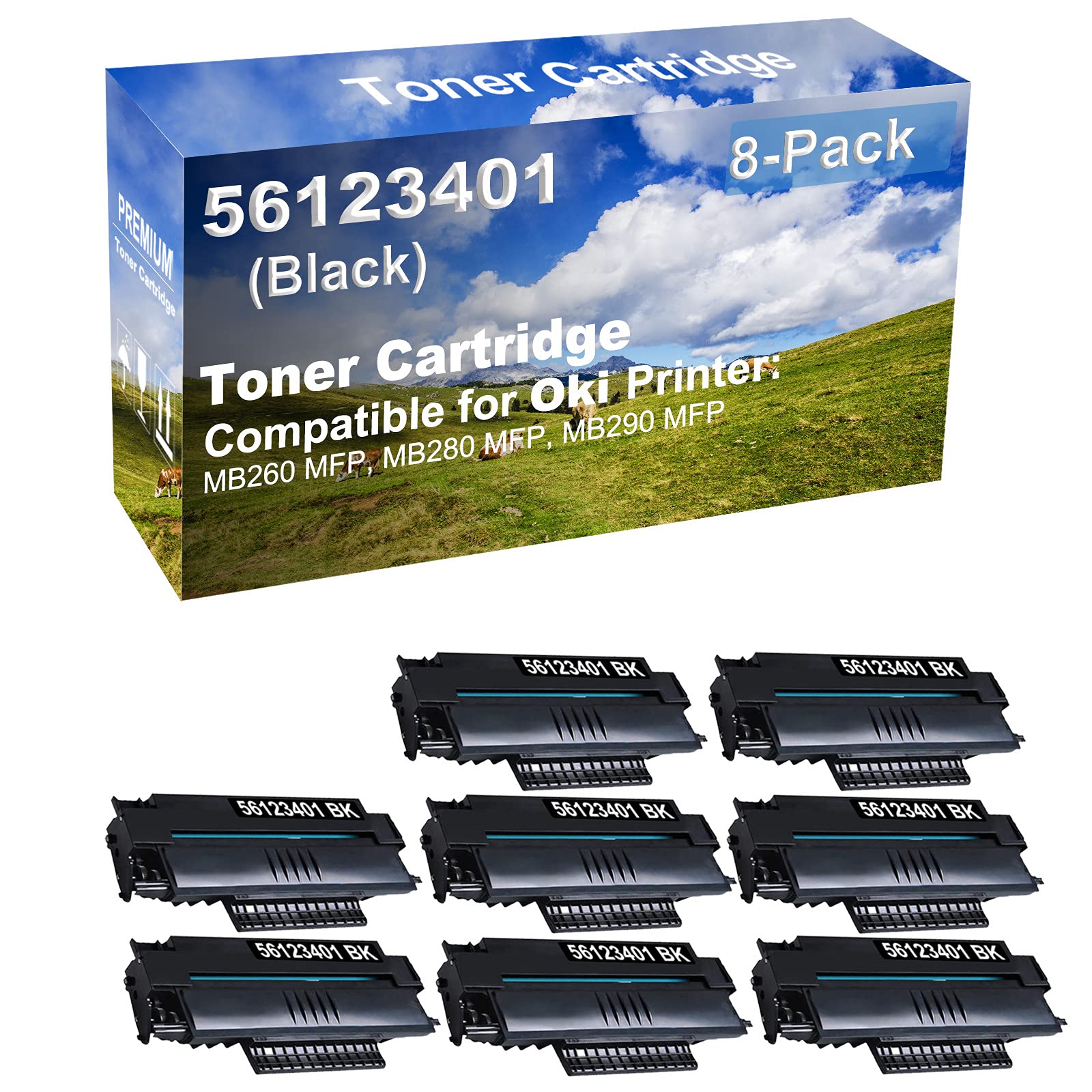 8-Pack Compatible High Capacity 56123401 Imaging Toner Cartridge use for OKI MB260 MFP, MB280 MFP, MB290 MFP Printer (Black)