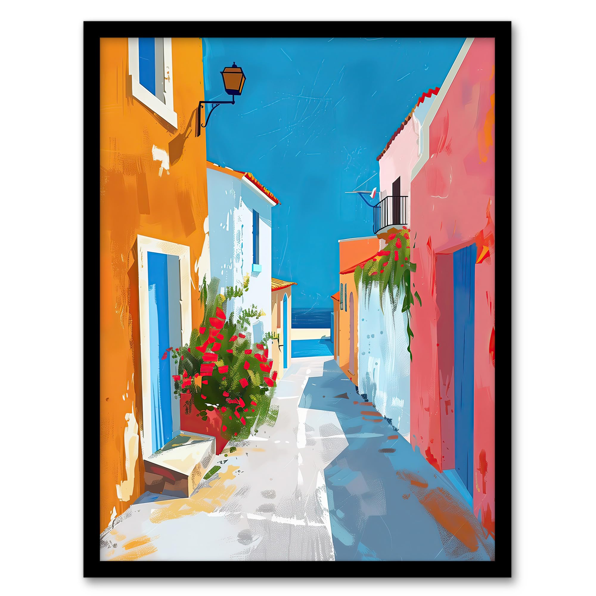 Artery8 Greek Coastal Village Street Painting Calm Sunny Bathroom Toilet Artwork Framed Wall Art Print A4