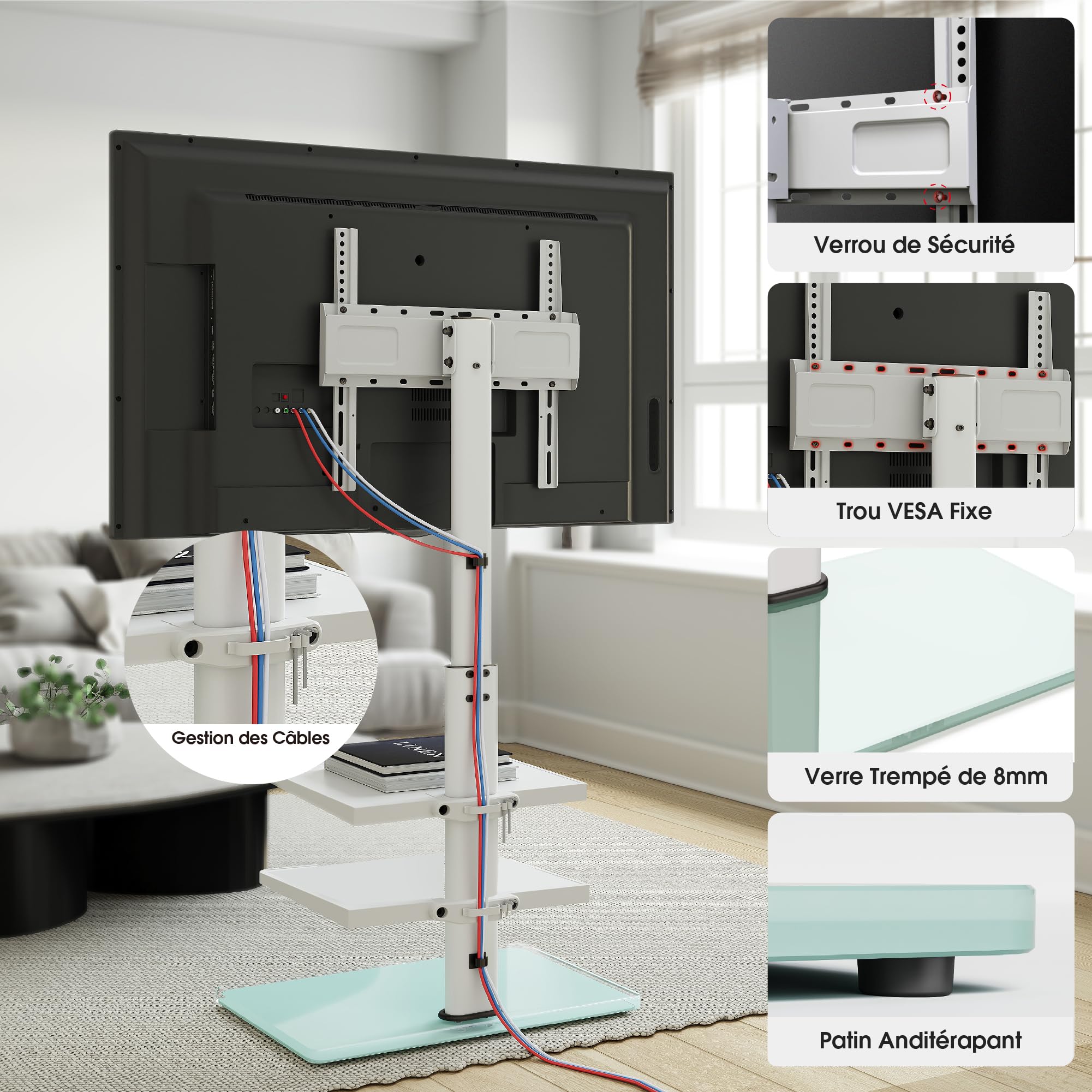 AOKCOS Support TV pour téléviseur Plat et incurvé de 32 à 70" - Hauteur réglable - Orientable - 3 étagères - VESA 400 x 400 mm