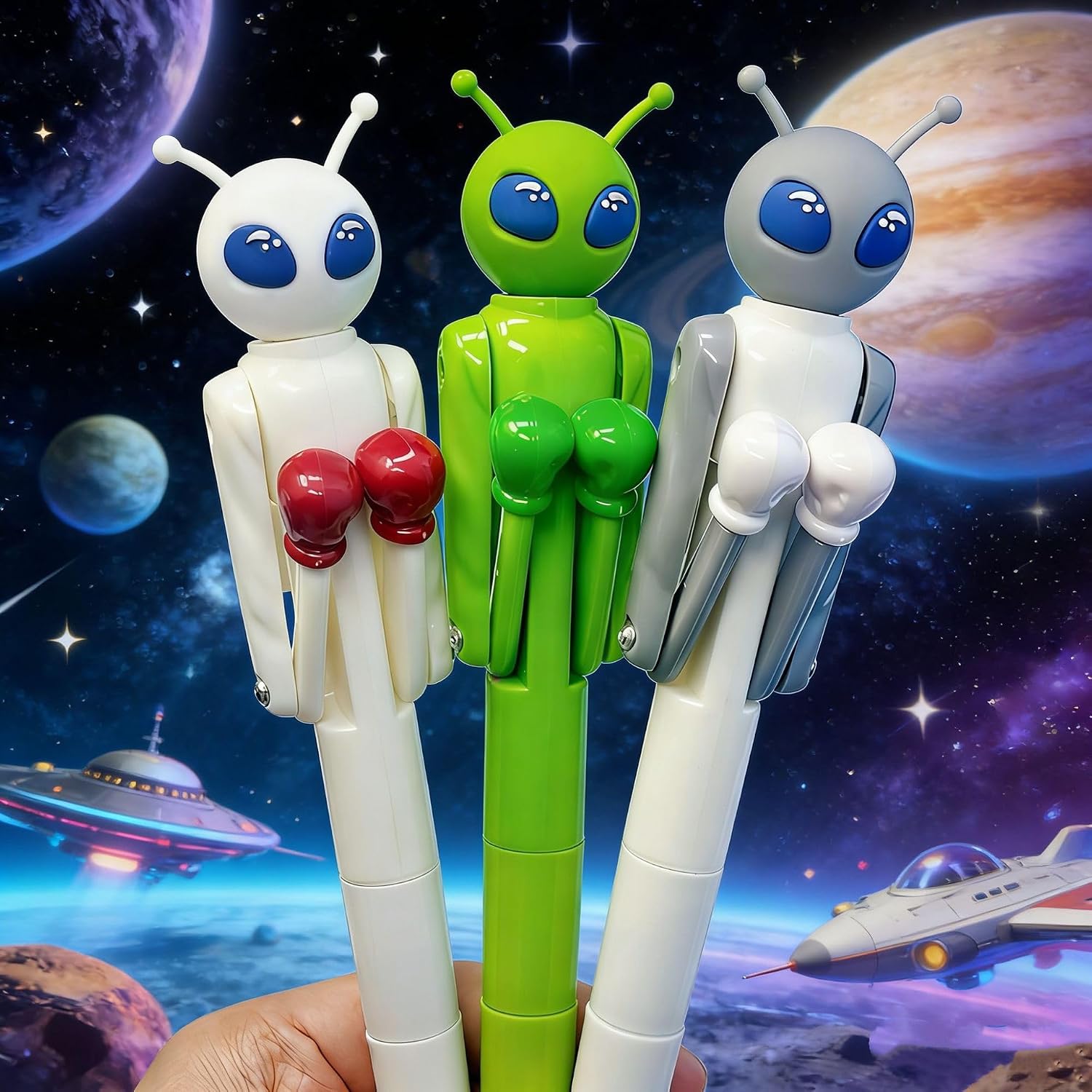 Boxing Pen Alien 3 PCS Alien Boxing Fighting Pens with Punching Arm and Crisp Button Sound Funny and Cool Novelty Pens Boxer Gifts (Green + Grey + White, 1.0mm Tip)