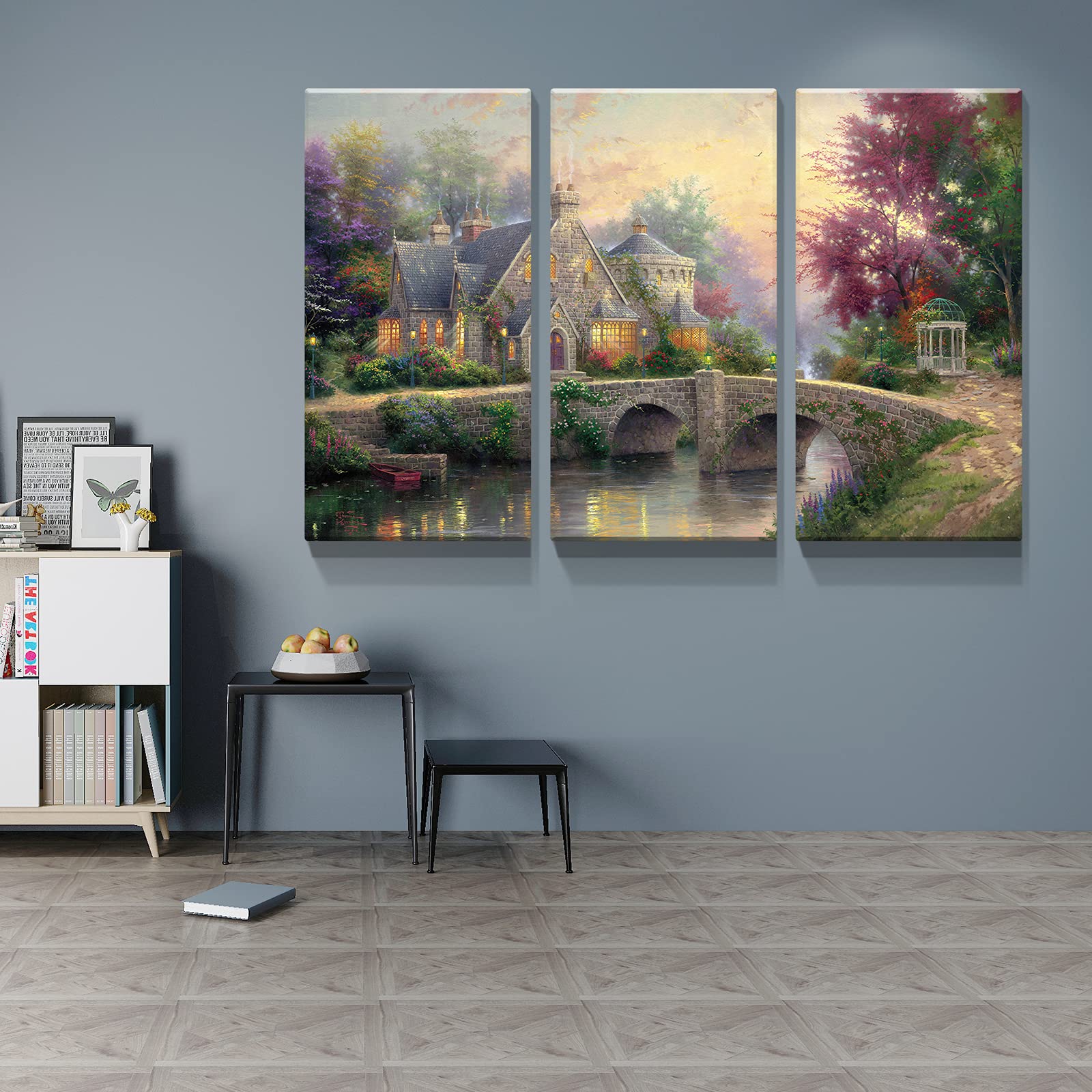 Denozer - 3 Panels Canvas Wall Art Thomas Kinkade Garden Landscape Oil Painting for Home Decor Stretched and Framed Ready to Hang - 24