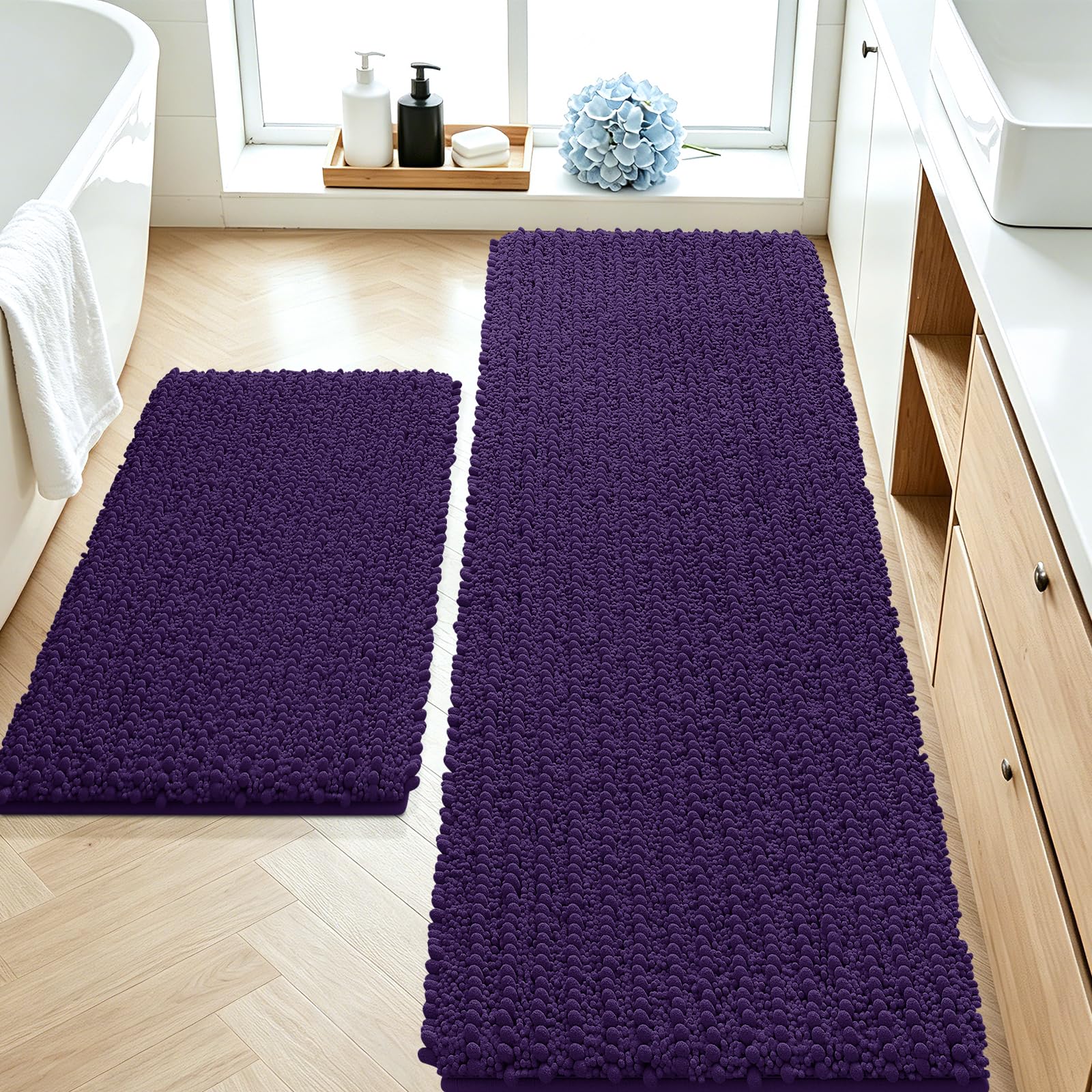 ACCUMTEK Upgrade Luxury 2 Piece Dark Purple Toilet Bathroom Rug Mat 60"x20"+32"x20", Ultra Soft Thick Absorbent Bath Mats, Non Slip Chenille Toilet Mat for Bathroom, Bedroom, Kitchen, Shower, Tub