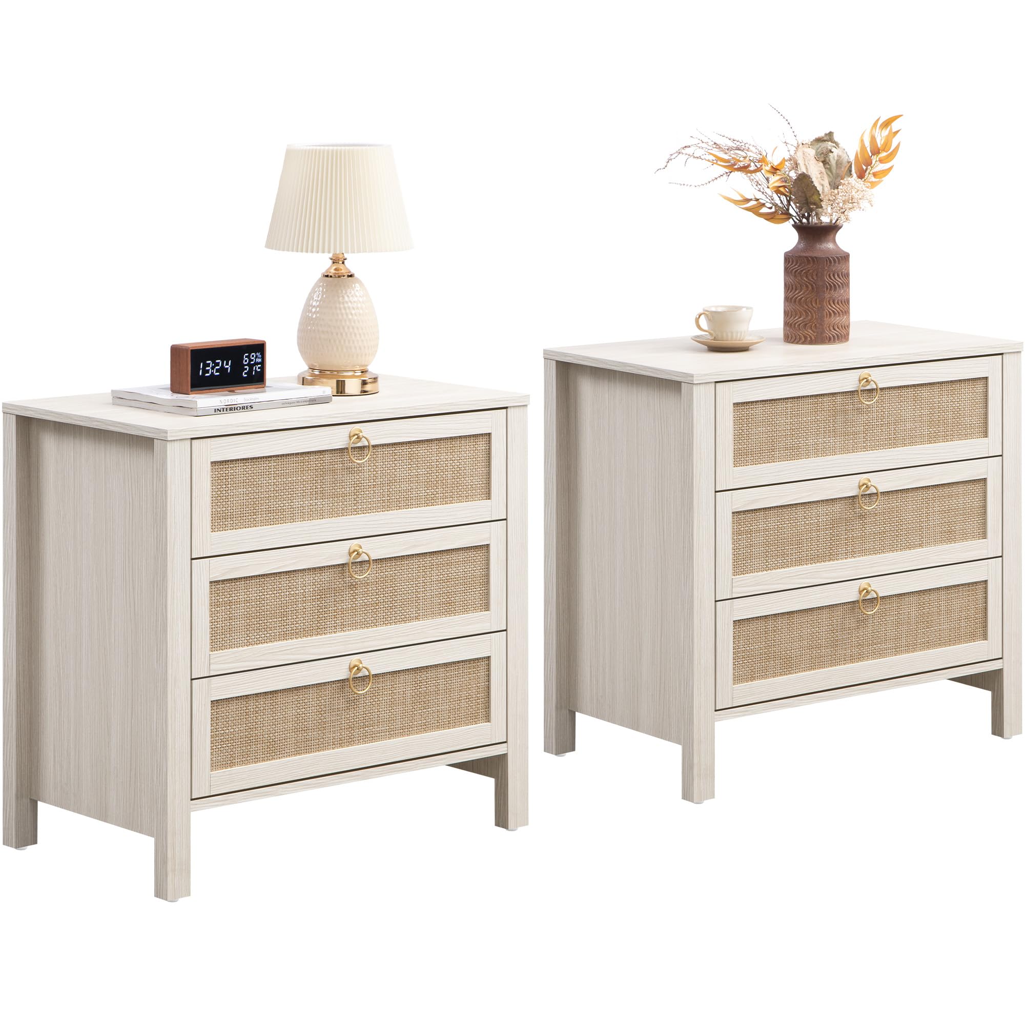 SICOTAS White Rattan Nightstand Set of 2 with Drawers