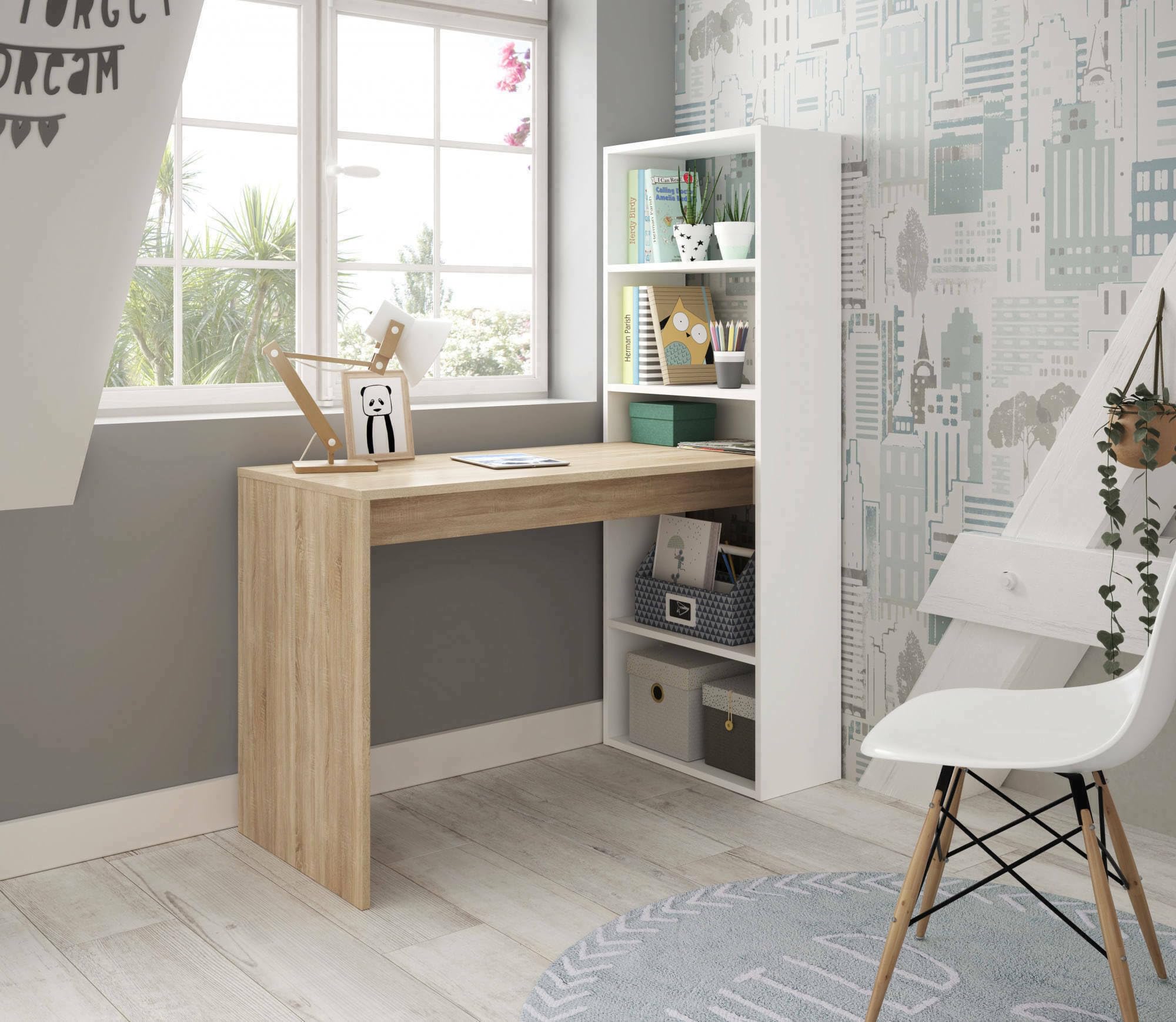 Dmora - Scrivania Denton, Scrittoio multifunzione reversibile con libreria 5 ripiani, Tavolo da studio o ufficio porta PC portalibri, 120x53h144 cm, Bianco e Rovere