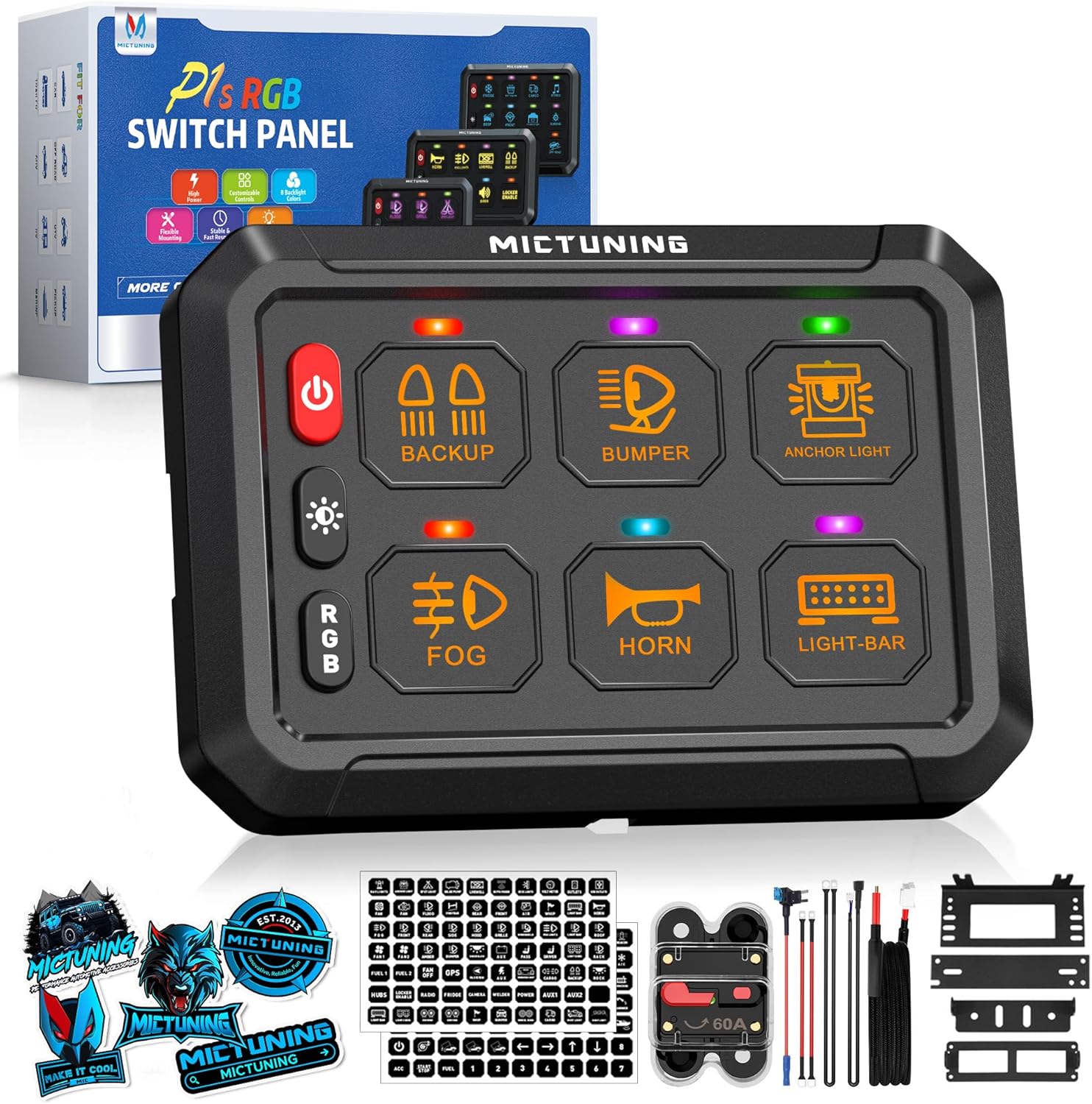 MICTUNING P1s RGB 6 Gang Switch Panel, Multifunction Toggle Momentary Strobe Pulsed Switch Pod with Backlit Off 6 Level Brightness Circuit Control Relay System Box for Truck RV Offroad Marine