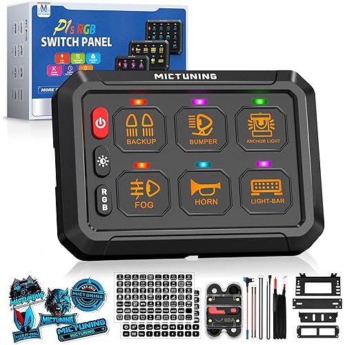 MICTUNING P1s RGB 6 Gang Switch Panel, Multifunction Toggle Momentary Strobe Pulsed Switch Pod with Backlit Off 6 Level Brightness Circuit Control Relay System Box for Truck RV Offroad Marine