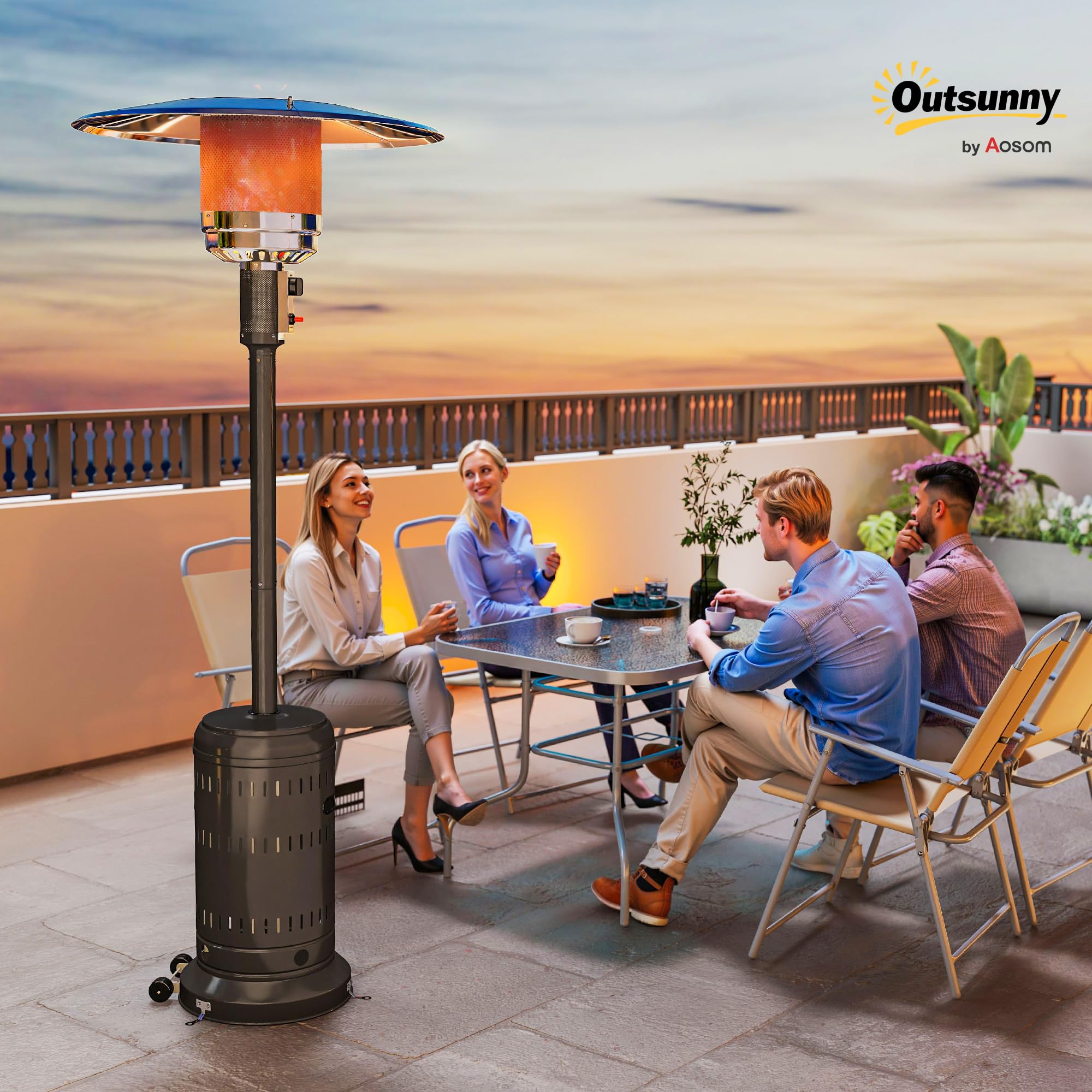 Outsunny Zewnętrzne ogrzewanie tarasowe, przenośny gazowy parasol grzewczy 11 KW, regulowany poziom ogrzewania, ochrona przed przewróceniem i kółkami, do ogrodu, powierzchnia grzewcza 7 m², kolor