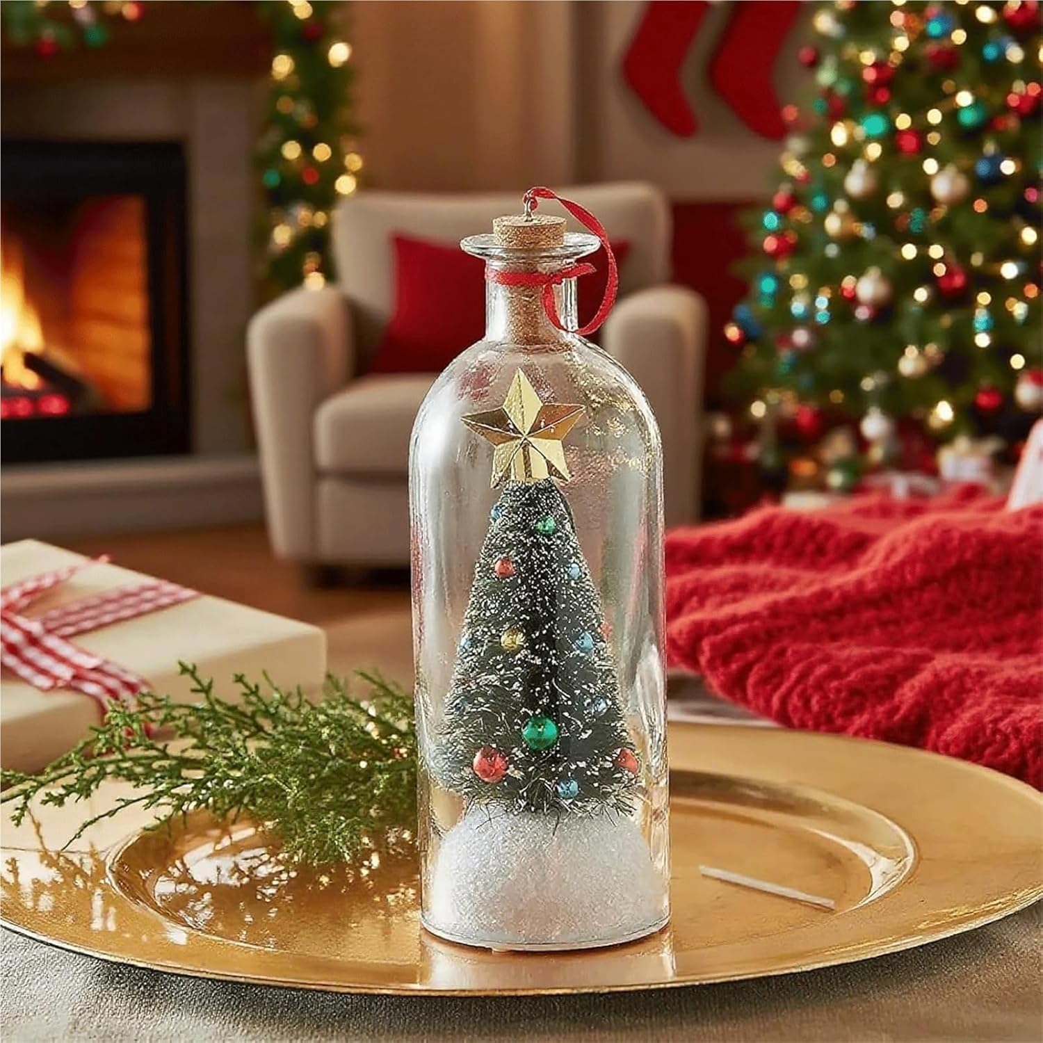 Recordable Christmas Tree Message in a Bottle Ornament, Voice Recording Holiday Keepsake with Playback, Snowy Scene Glass Bottle Decoration for Tree and Home (3, Green)