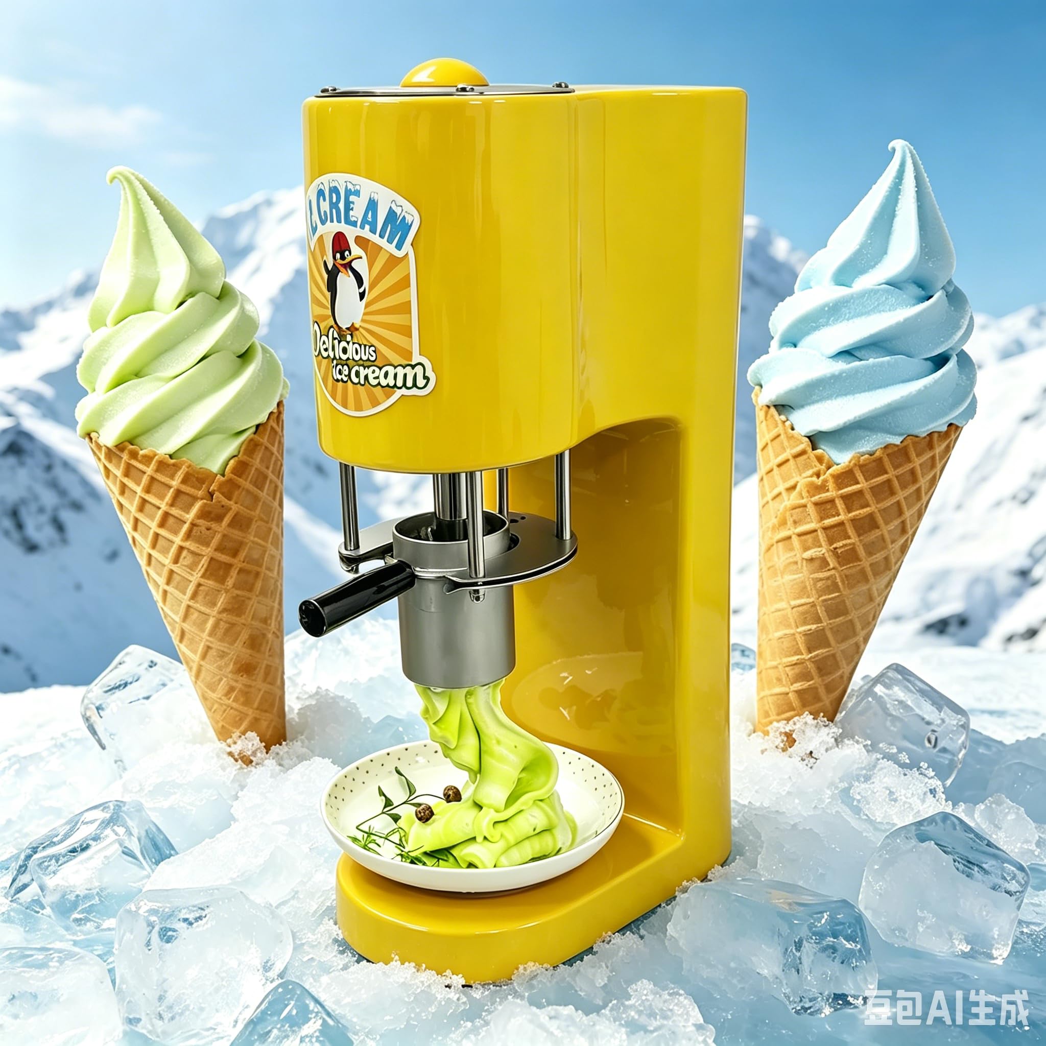 ROGHA Commercial Spaghetti Ice Cream Machine with 4 Shape Molds,80w Ice Cream Noodle Maker,28-30L/H Spaghetti-Eismaschine,for Dessert Shops & Home Use Yellow