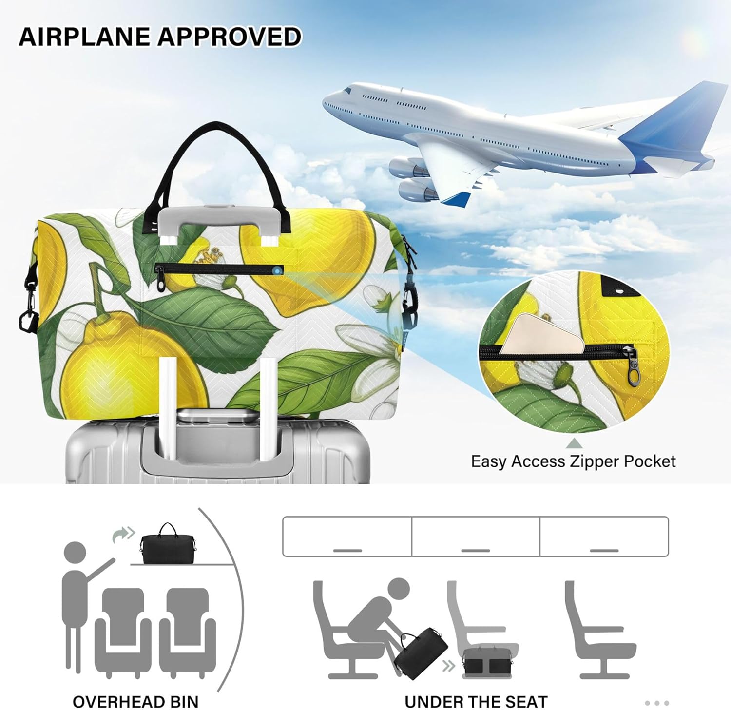 明るいイエローレモンホワイトフローラルダッフルバッグトラベル&amp;トイレタリーポーチ2個セット、カートゥーンレディースラゲッジバ