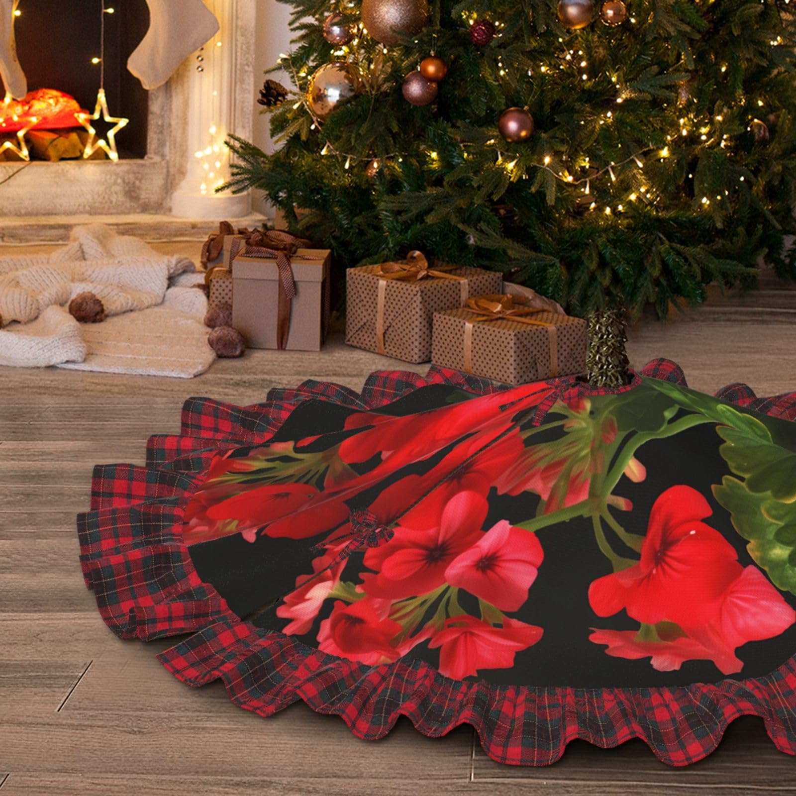 Jupe de sapin de Noël imperméable de 122 cm avec dentelle rustique à carreaux rouge géranium