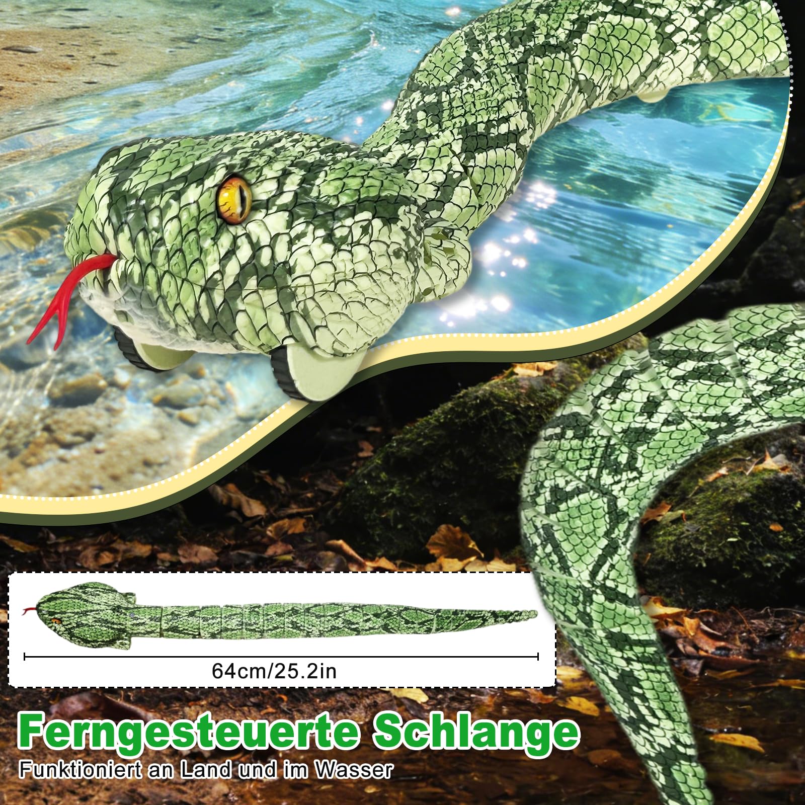 HILKKET Serpent Télécommandé, 64cm Serpent Python Radiocommandé, Jouet Farce RC Serpents Se déplace sur Le Sol et sur l'eau à 5 km/h, Jouets Aquatiques Enfant 3 Ans et + - 4