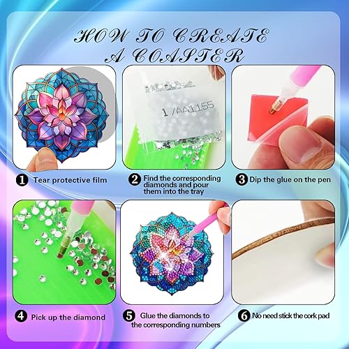 Miniatura 3 de 8 posavasos de diamante de loto con soporte para bricolaje, bonitos posavasos de arte de diamante de loto 5D con almohadillas de corcho para