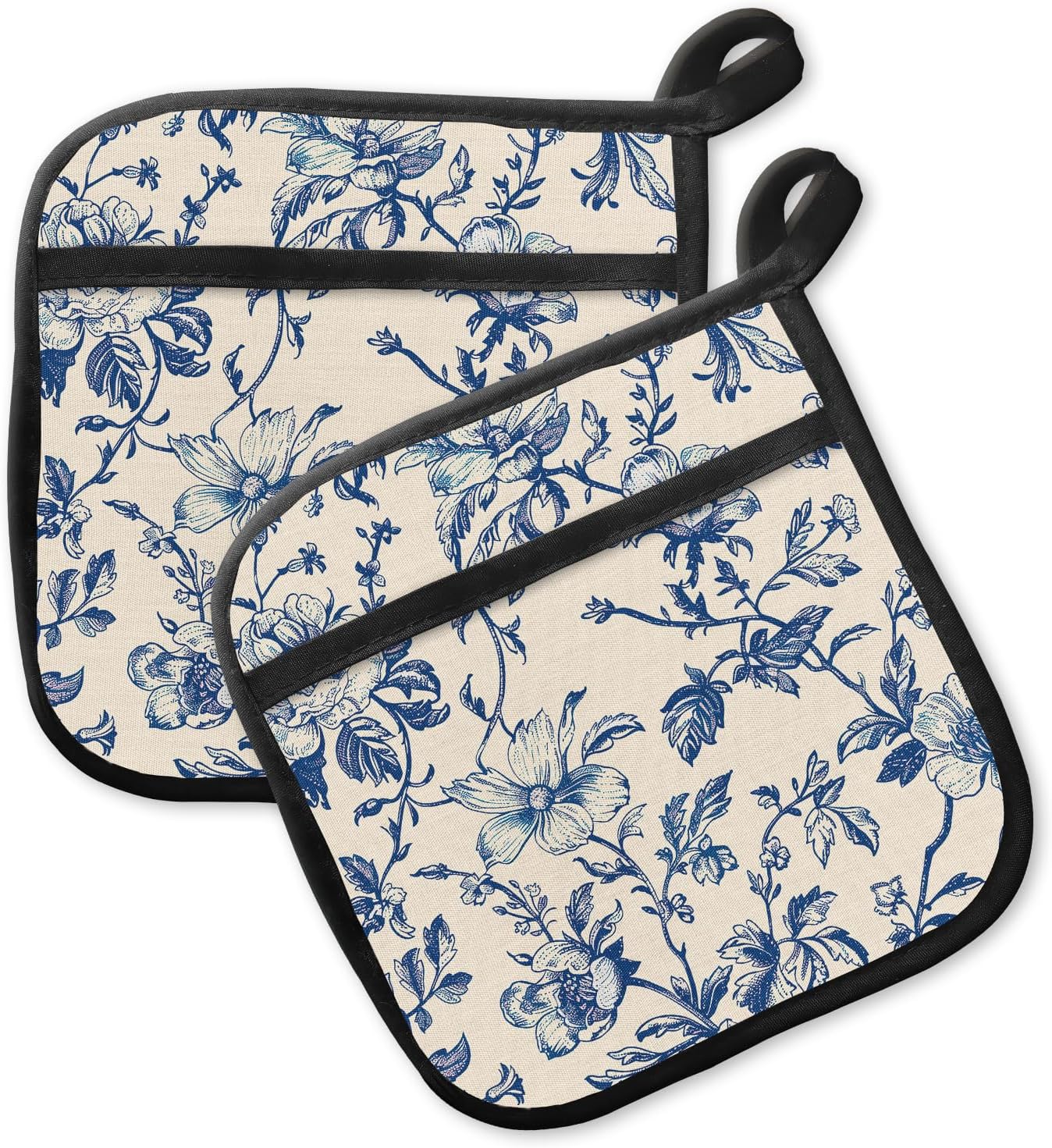 Pot Holders for Kitchen, Heat Resistance Hot Pads, Cute Potholder with Pocket for Kitchen Cooking Baking 2 Packs, Blue and White Flower