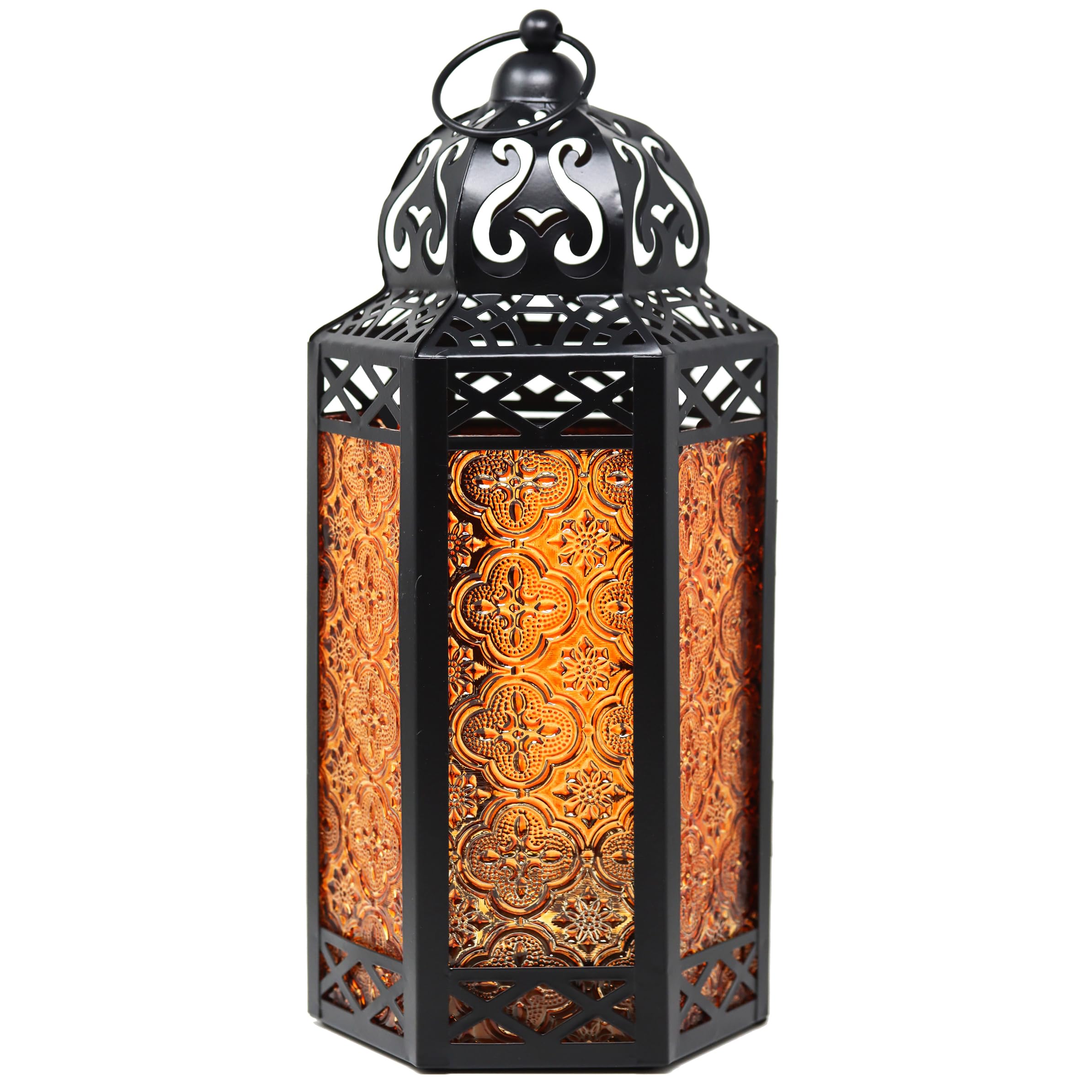 Vela Lanterns Amber Black Metal Decorative Moroccan Lantern Candle Holder Lamp For Indoor Or Outdoor Home Decor, Large,