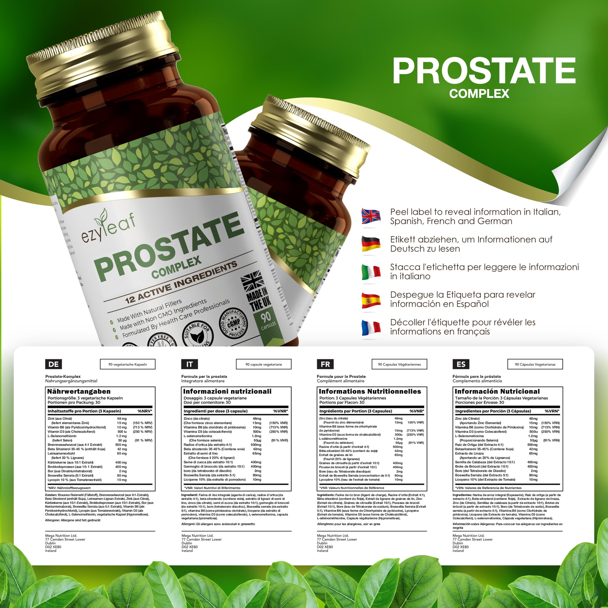 Ezyleaf Prostata Formula | Integratori Prostata Alta Potenza per Uomini | 90 Capsule di Ortica con Beta Sitosterolo, Zinco, Semi di Zucca, Boswellia Serrata e Altro | Prodotto nel Regno Unito