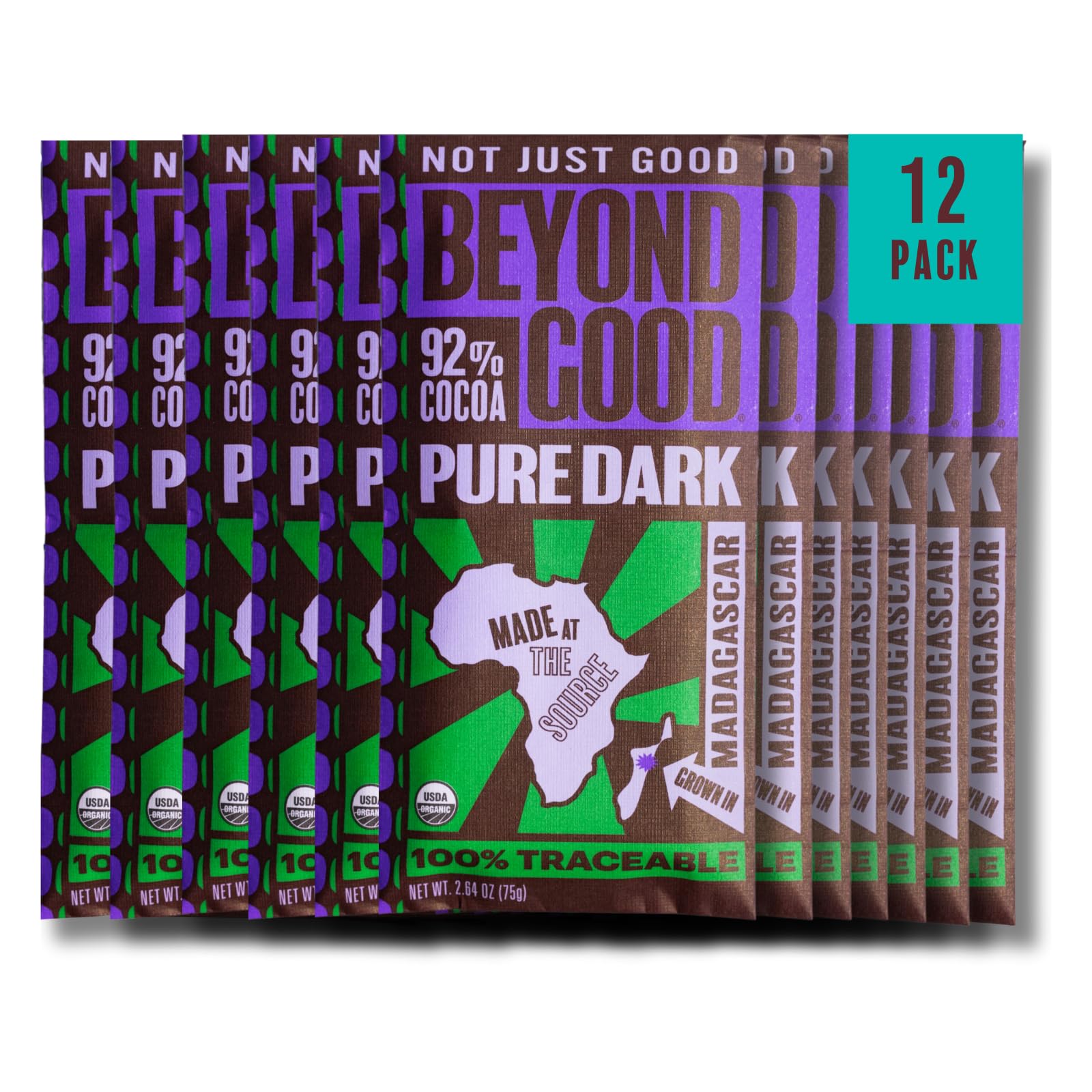 Beyond Good 92% Cocoa Pure Dark Chocolate | 12 Pack - Chocolate Bars | Organic, Direct Trade, Vegan, Kosher, Non-GMO | Single Origin Heirloom Madagascar Dark Chocolate
