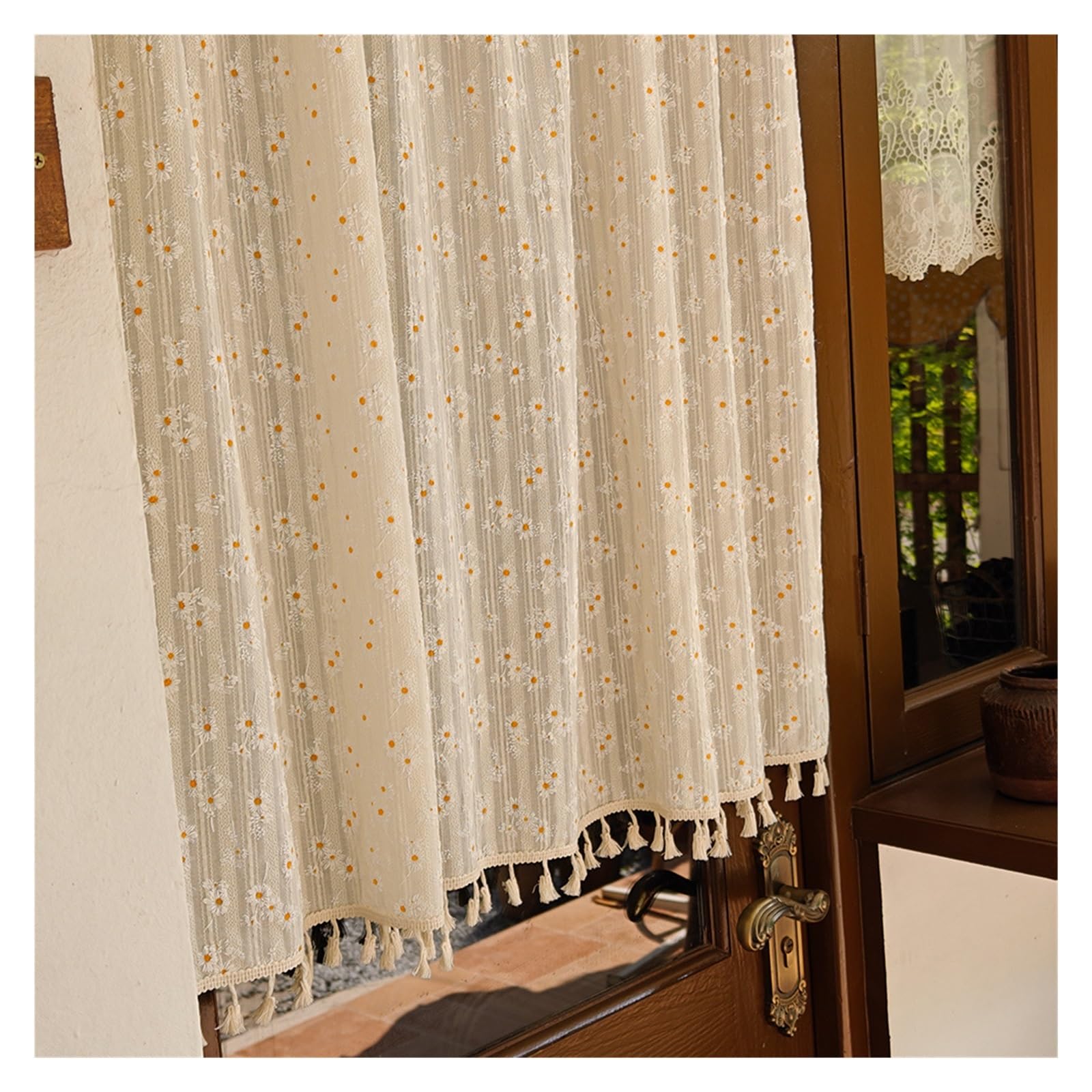 Rideaux en coton marguerite masquant - Rideau brise-vue court passe-tringle pour vis-à-vis