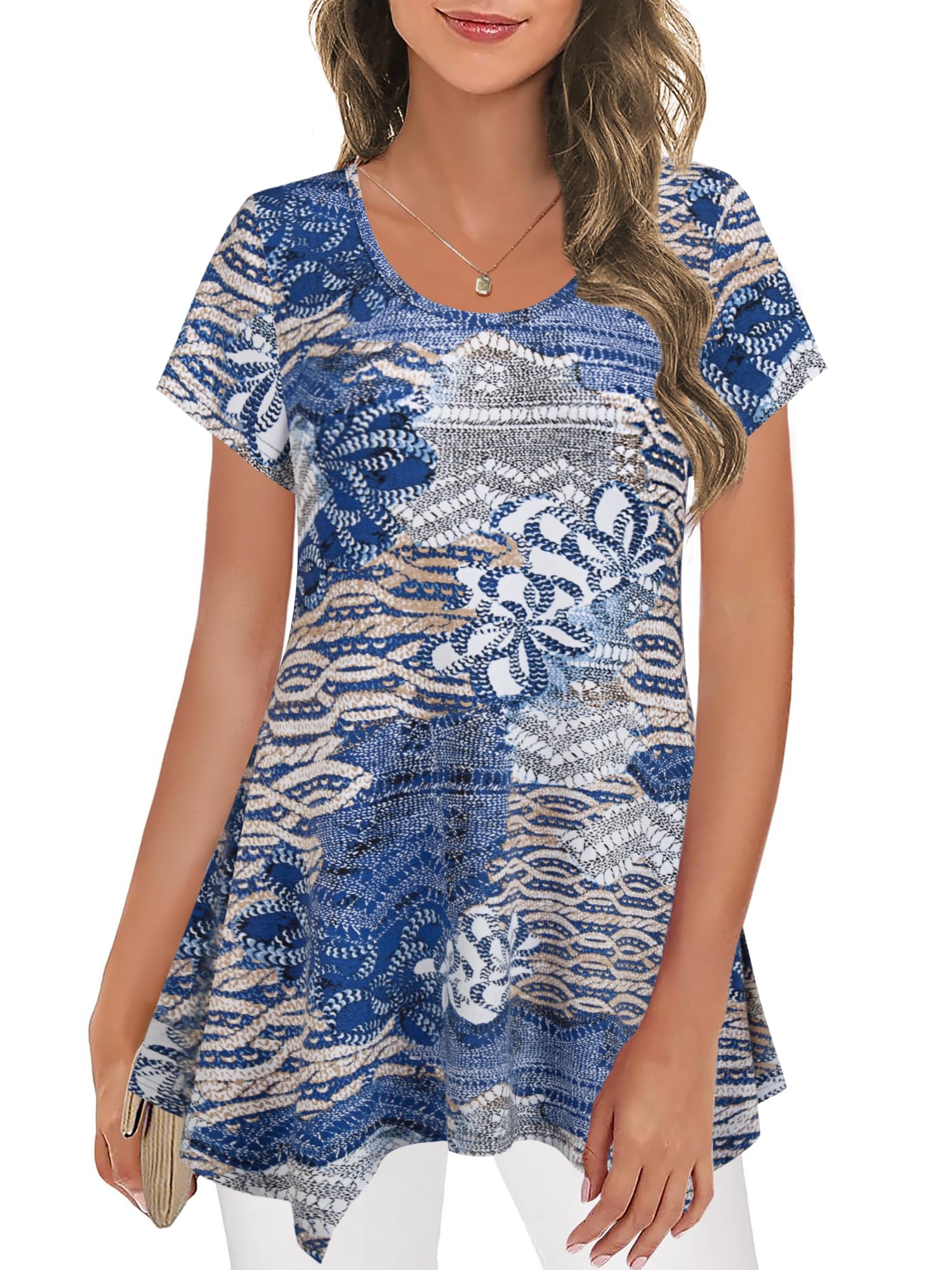 Nandashe Women Short Sleeves Tunic Shirts Casual Scoop Neck Floral Irregular Hem Blouses Tops