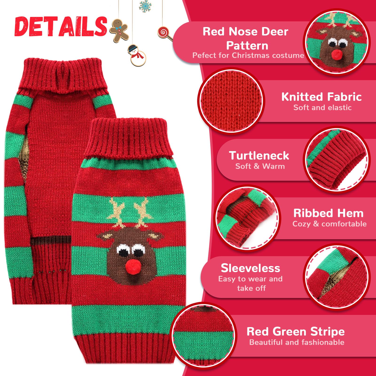 ABRRLO Dog Christmas Jumper Santa Snowman Reindeer Ugly Xmas Pet Sweater Outfits Puppy Cat Holiday Costume New Year Clothes Gift for Small Medium Large Dogs (Red Green Stripe Reindeer - Image 3