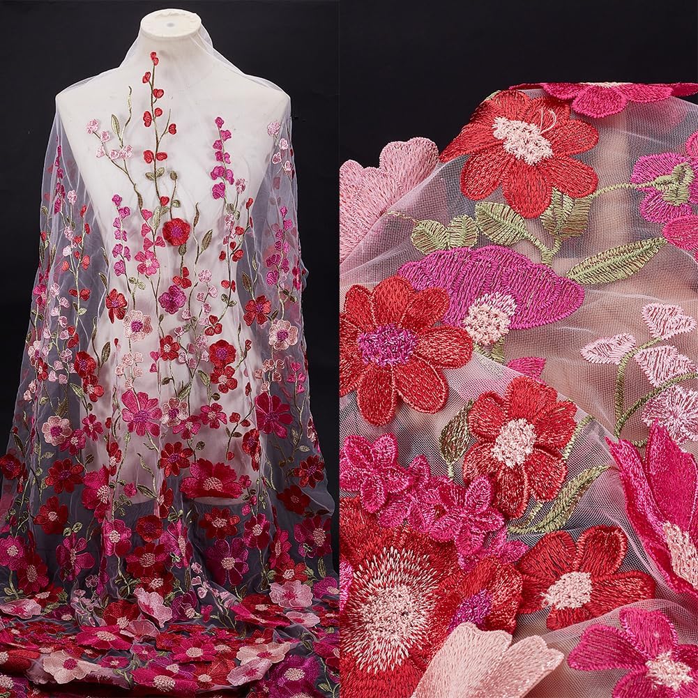 1.88 Yards Hot Pink 3D Flower Lace Fabric Floral Embroidered Mesh Fabric By the Yard Vintage Sheer Polyester Tulle Gauze Embroidery Cloth for Sewing Making Crafts Clothes Dresses Wedding DIY