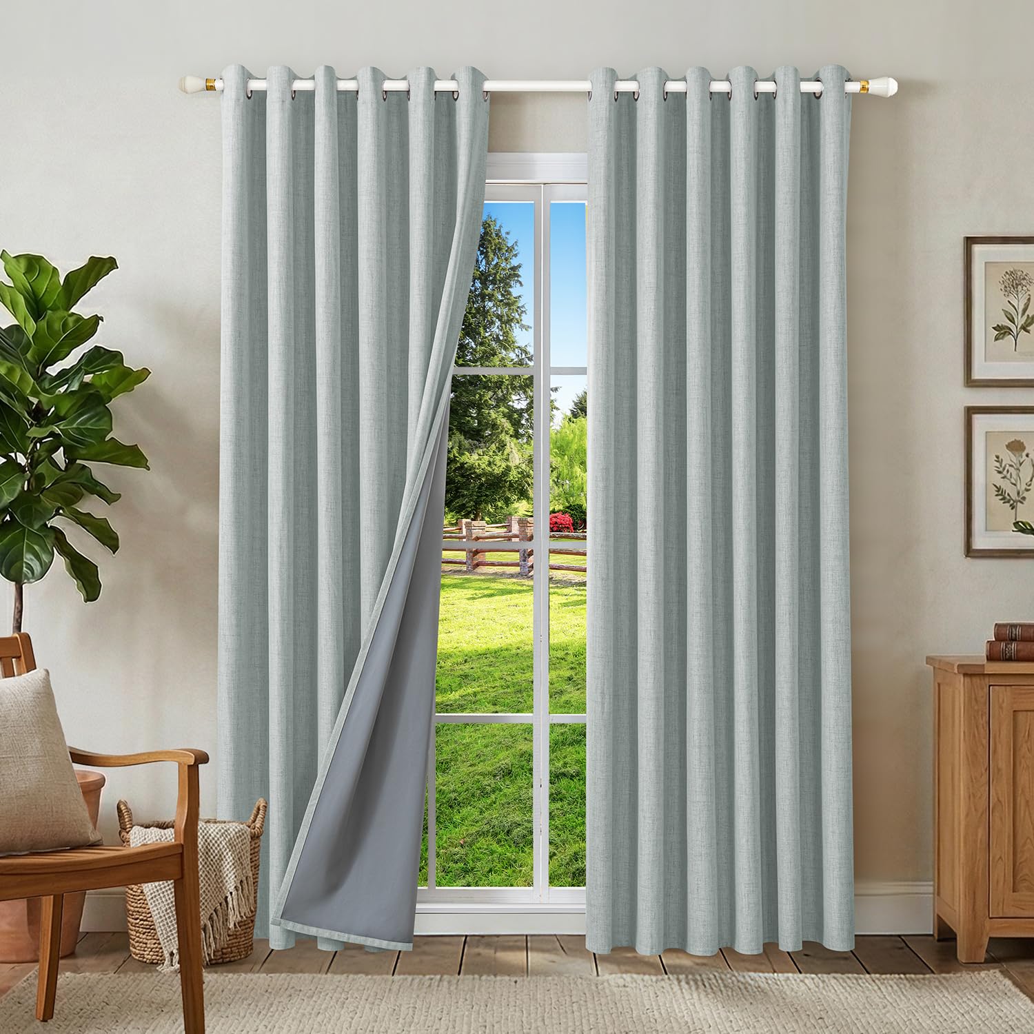 Runyéla 100% Blackout Linen Curtains Eyelet 90 x 90 Inch Drop for Living Room Bedroom Thermal Curtain 2 Panels Sage Green