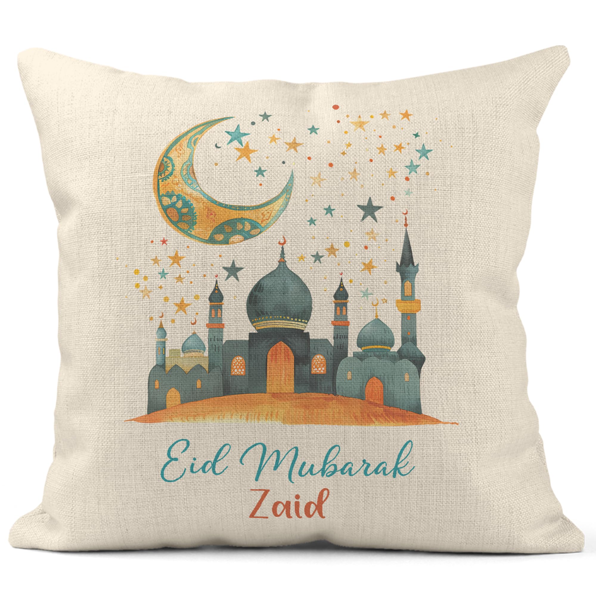 Print Maniacs Blue Personalised Eid Mubarak Cushion Cover – Elegant Islamic Decor Pillow Case – Eid Gift For Family & Friends – Crescent Moon & Mosque Design