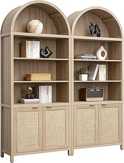 SICOTAS Book Shelf Arched Cabinet Bookshelf Arch 84.2" Tall Bookcase 5 Tier Large Bookshelves with Doors Storage Rattan Boho Wide Book Shelves Case for Living Room Kitchen Office Bedroom Library