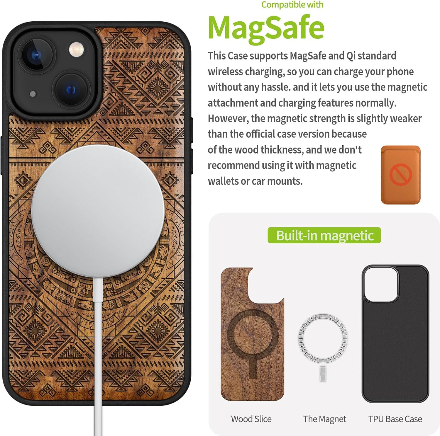Carveit Magnetic Wooden Case for iPhone 15 Case, Compatible with MagSafe Wireless Chargers, Black Soft TPU Shockproof Cover & Wood Artisan Engraved (Aztec Calendar) - Walnut