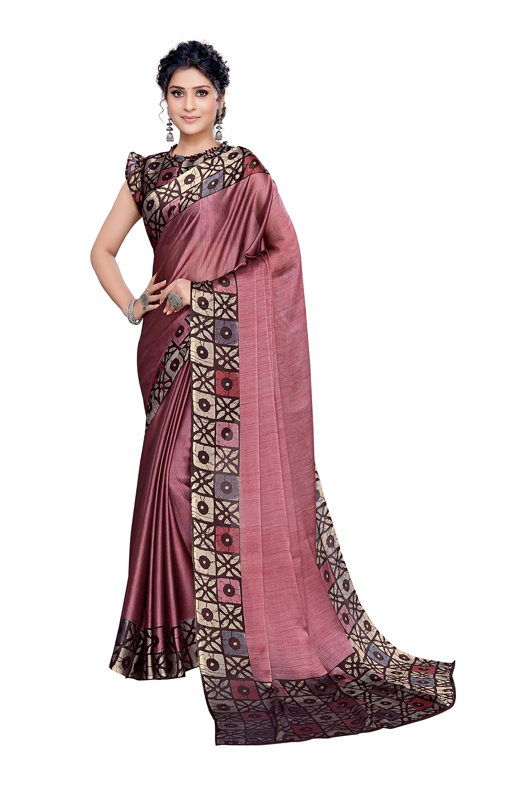 MIRCHI FASHIONWomen's Stylish Chiffon Warli Art Printed Saree with Blouse Piece, Beige, Orange, One Size