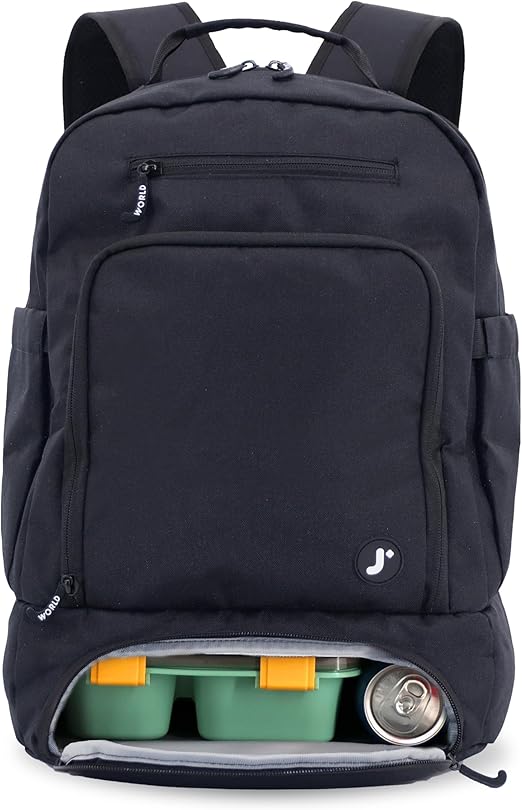 J World New York 2-in-1 Insulated Backpack Lunch Box for Kids. Adult School Bookbag, Black