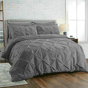 Diamond Pleated Pintuck Duvet Cover Set with Pillow Cases 100% Cotton Bedding Quilt Covers Bed Sets Single Double King Super King Size Charcoal, Super King