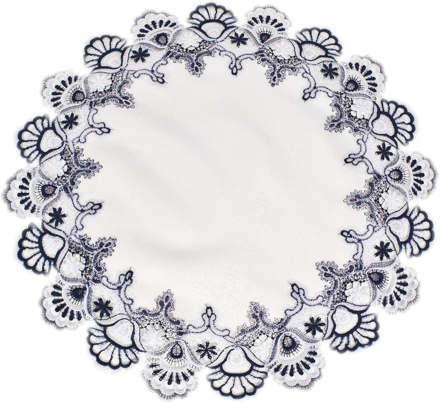 LINENS Art and Things Lace Doily Navy Blue Peacock Tail on White Jacquard Table Topper Table Centerpiece Placemat (23 inch Round)