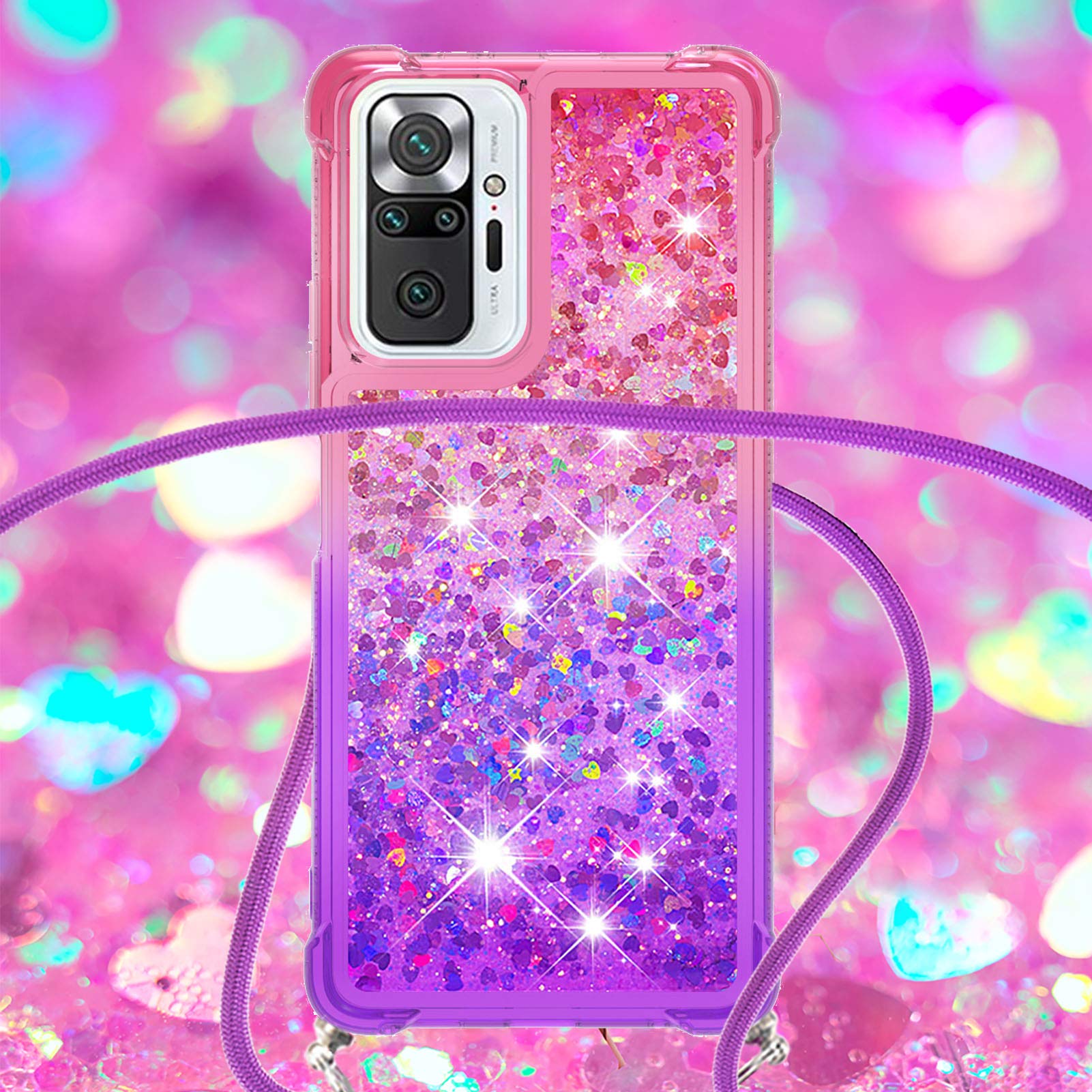 Glitzer-Treibsand Handyhülle Mit Halskette Für Xiaomi Redmi Note 10S/10 4G - TPU Schutzhülle Mit Beweglichem Glitzer & Verstellbarem Band (Pink)