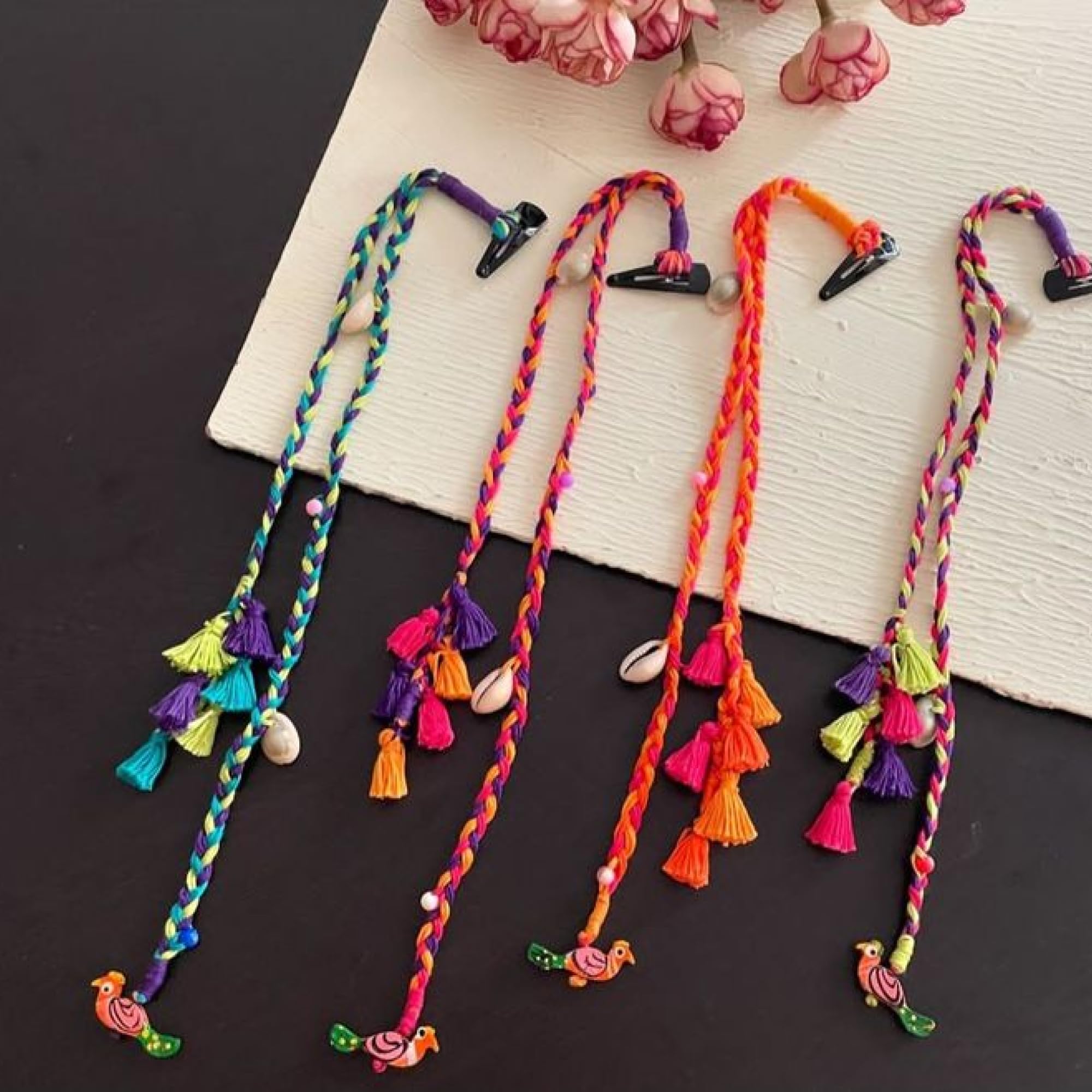 MILAPARK CRAFTS Colorful Boho Hair Extensions with Cowrie Shells & Beads – Handmade Cotton Thread Braids with Wooden Charms for Girls & Women (Set of 3)-image-6