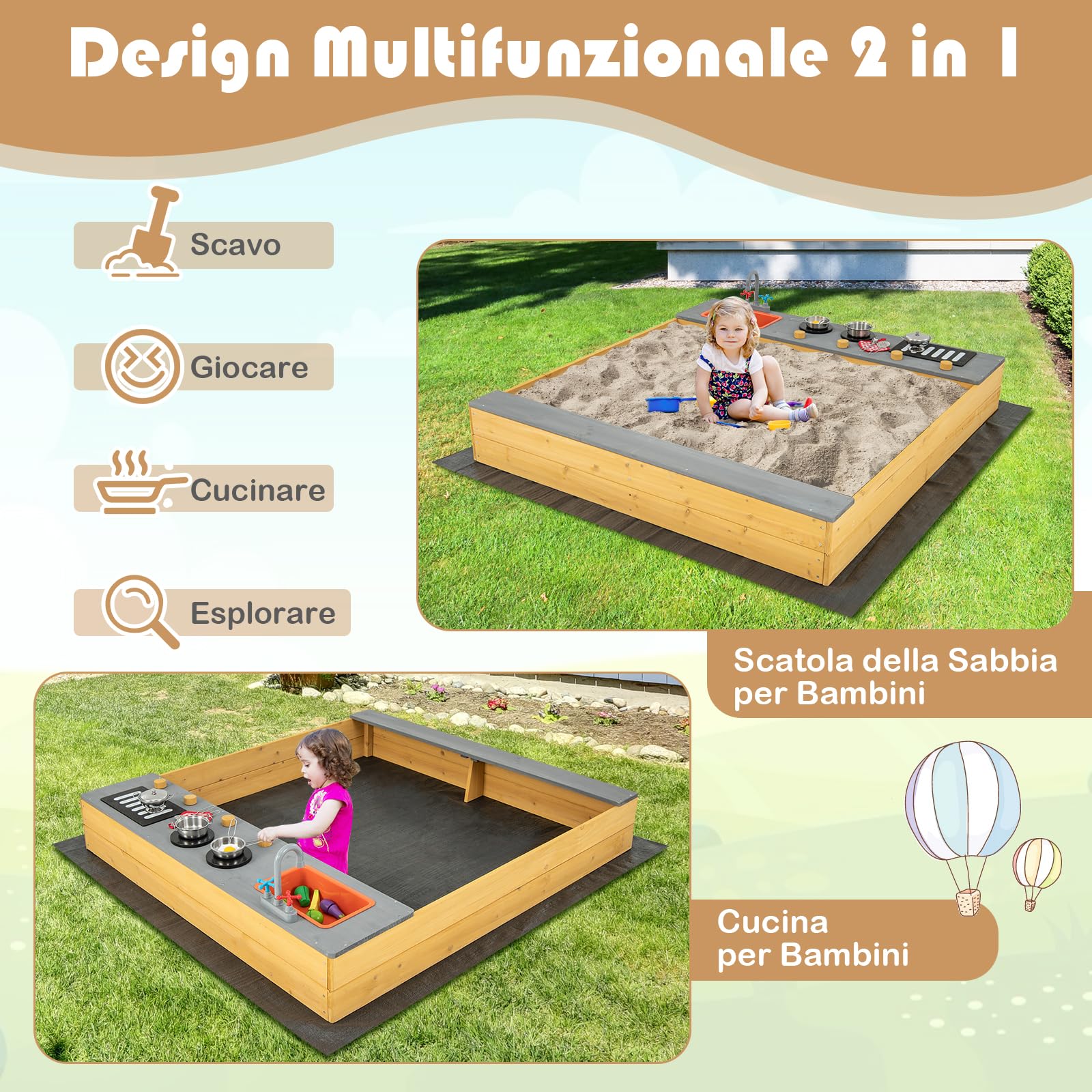 GYMAX Sabbiera in Legno per Bambini con Fodera Inferiore, Set Sabbiera da Gioco 3 in 1 per Bambini, Sedile a Panca, Sabbiera per Bambini da Esterno, per Bambini dai 3 ai 8 Anni, 135x125x20 cm