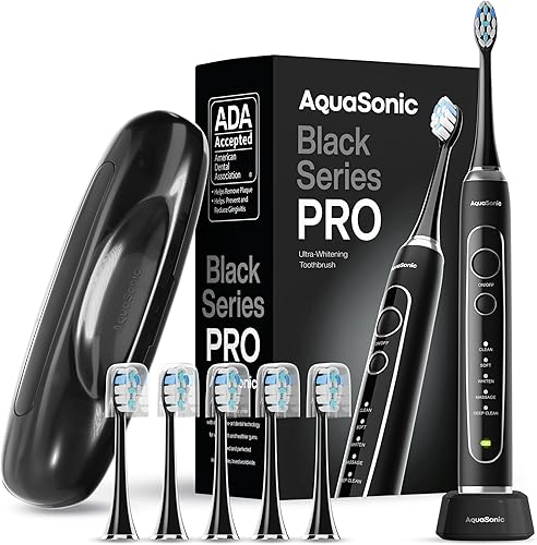 Aquasonic Black Series PRO - Cepillo de dientes eléctrico ultrablanqueante - 5 modos y temporizadores inteligentes - Estuche de viaje premium y 6