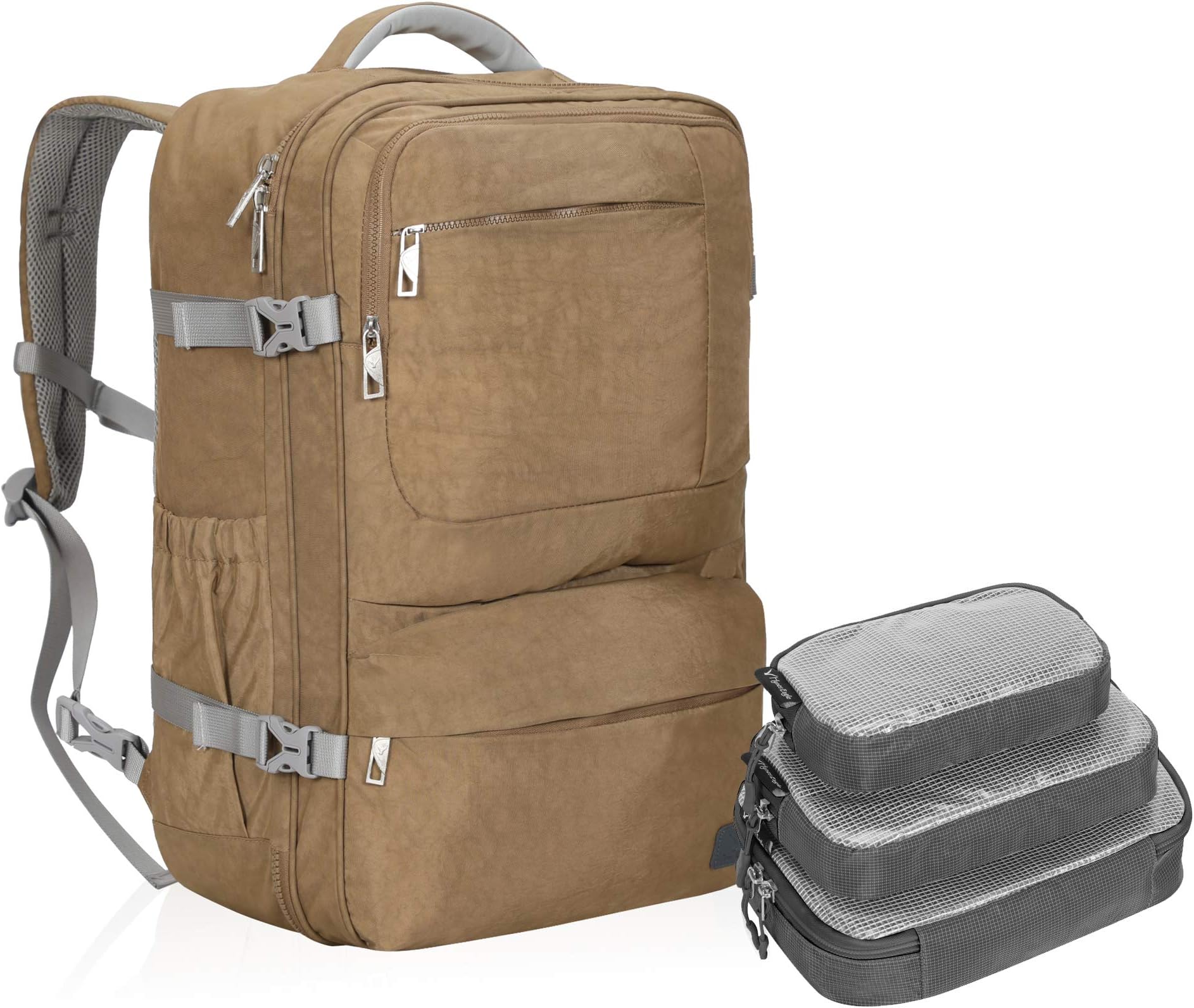 44L Carry on Backpack Flight Approved Compression Travel Pack Cabin Bag, Khaki With Grey 3pcs Packing Cubes 2019, L, Classic