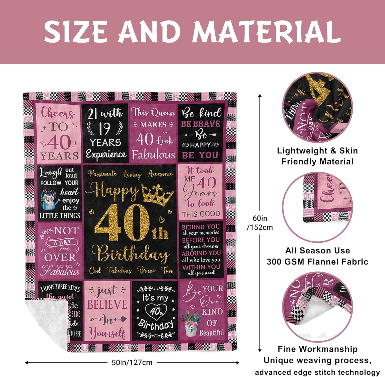 Lcobion 40th Birthday Gifts Women, 40 Year Old Birthday Gifts for Woman, 40th Birthday Decorations for Women, Present for 40 Year Old Female, Gift for 40th Birthday Woman Blanket 50" X 60" - Image 6