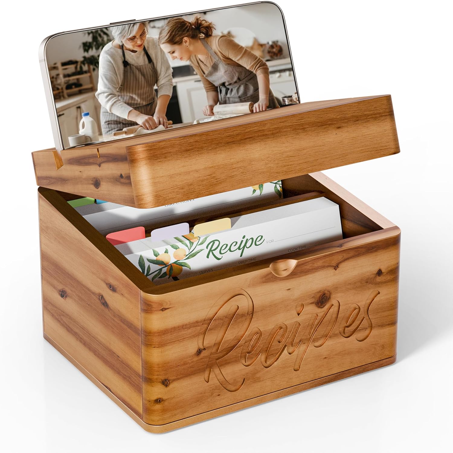 Tidita Acacia Recipe Box with Recipe Cards 4x6 - Wooden Box with Dual Slot, 2 Compartment - Comes with 100 Index Card 4x6, 8 Dividers - 2in1 Recipe Slot and Smartphone Holder - No Assembly Required