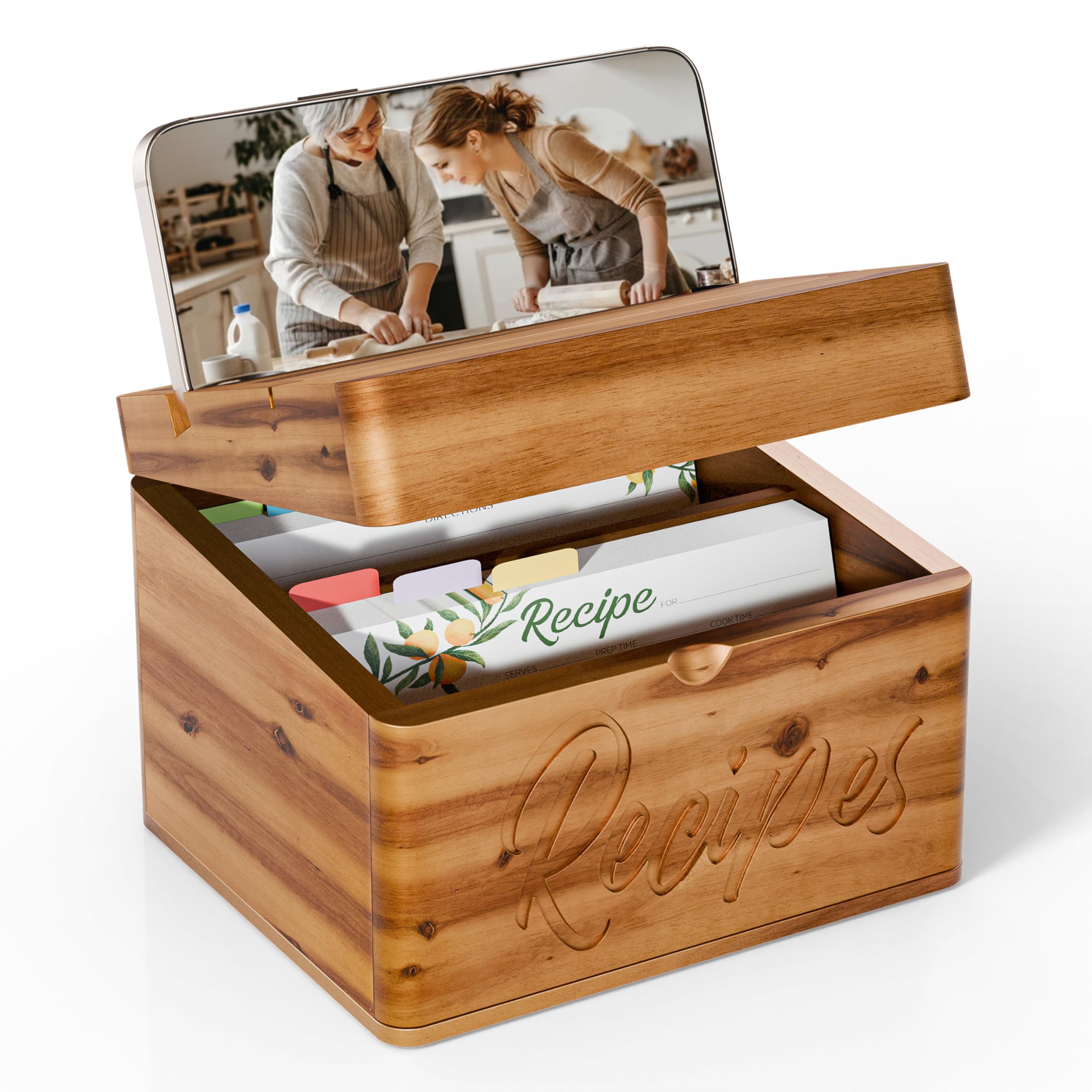 Tidita Acacia Recipe Box with Recipe Cards 4x6 - Wooden Box with Dual Slot, 2 Compartment - Comes with 100 Index Card 4x6, 8 Dividers - 2in1 Recipe Slot and Smartphone Holder - No Assembly Required