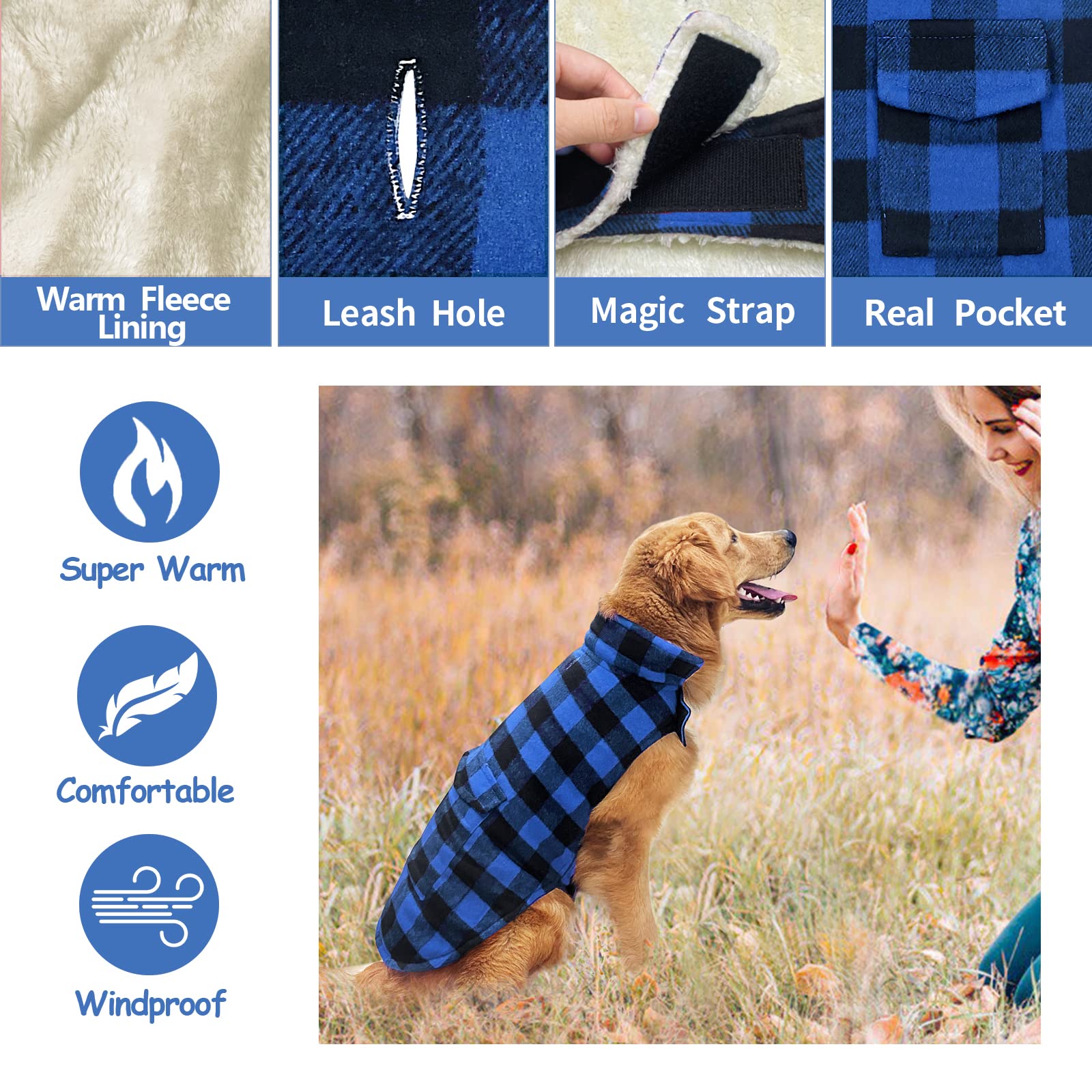 Malier Cappotto invernale per cani, classico plaid antivento per cani, giacca da neve per cani con tasca, abbigliamento invernale per cani di piccola taglia media e grande (blu, grande)