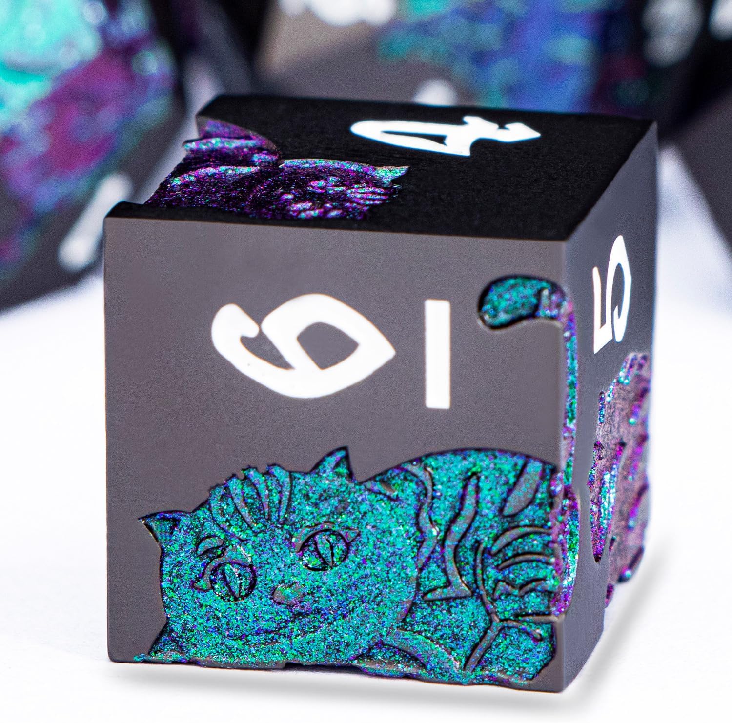 Metal DND Cat Dice 7PCS Polyhedral RPG Dice Set with Gift Case for Dungeons Dragons Role Playing Game, D and D Dice D6 D8 D10 D12 D20 D% (Purple Green)