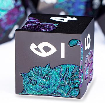 Metal DND Cat Dice 7PCS Polyhedral RPG Dice Set with Gift Case for Dungeons Dragons Role Playing Game, D and D Dice D6 D8 D10 D12 D20 D% Purple Green
