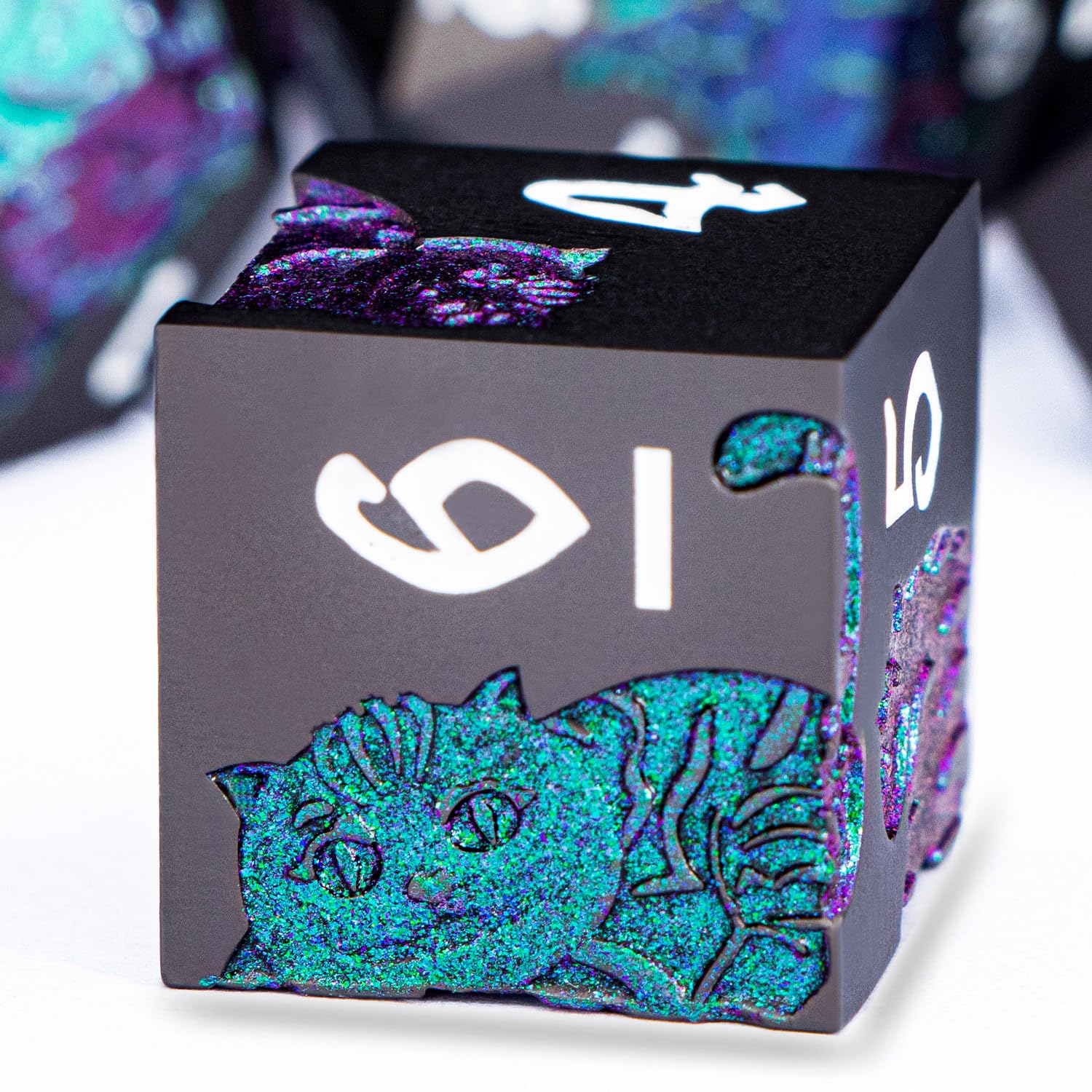 DND-Katzen-Würfel-Set aus Metall, polyedrisches RPG-Würfel-Set mit Geschenketui für Dungeons Dragons Rollenspiele, D- und D-Würfel D6, D8, D10, D12, D20, D%, Violett-Grün, 7-teilig