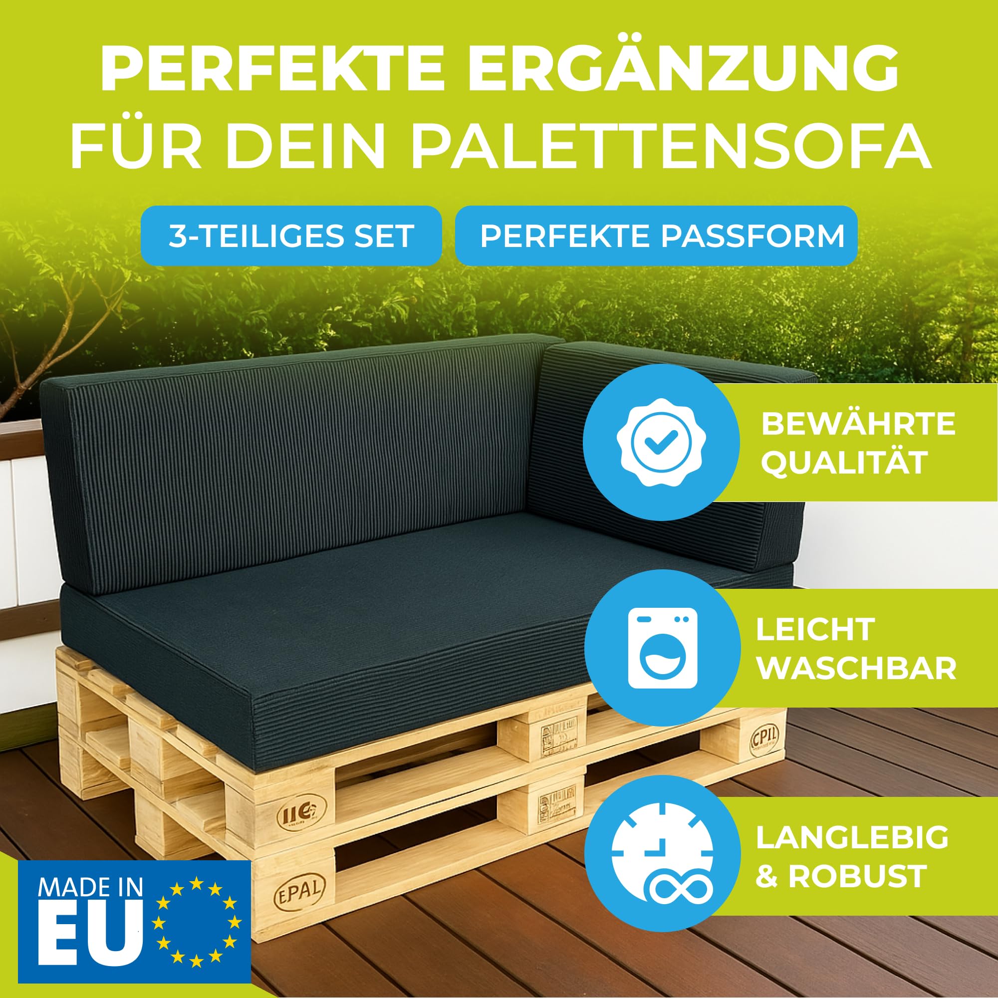 Palettenkissen 3-teiliges Set aus Cordstoff | Sitzkissen & Rückenkissen für Europaletten 120x80 | Weiche Palettenauflage für Wohnzimmer, Garten oder Balkon | Made in EU | Hellblau