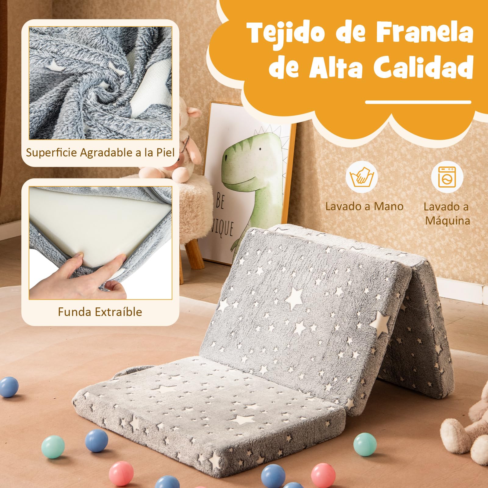 COSTWAY Colchón Cuna 122 x 61 x 7cm, Colchoneta de Suelo Plegable 3 Secciones, Estrella Brilla en Oscuridad, Funda Extraíble y Lavable a Máquina, Colchon Cuna de Viaje con Bolsa de Almacenaje